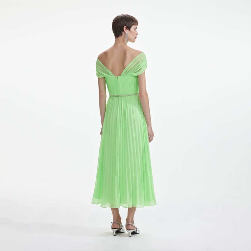 self-portrait Green Off Shoulder Chiffon Midi Dress - PF24-153M-G |  REVERSIBLE