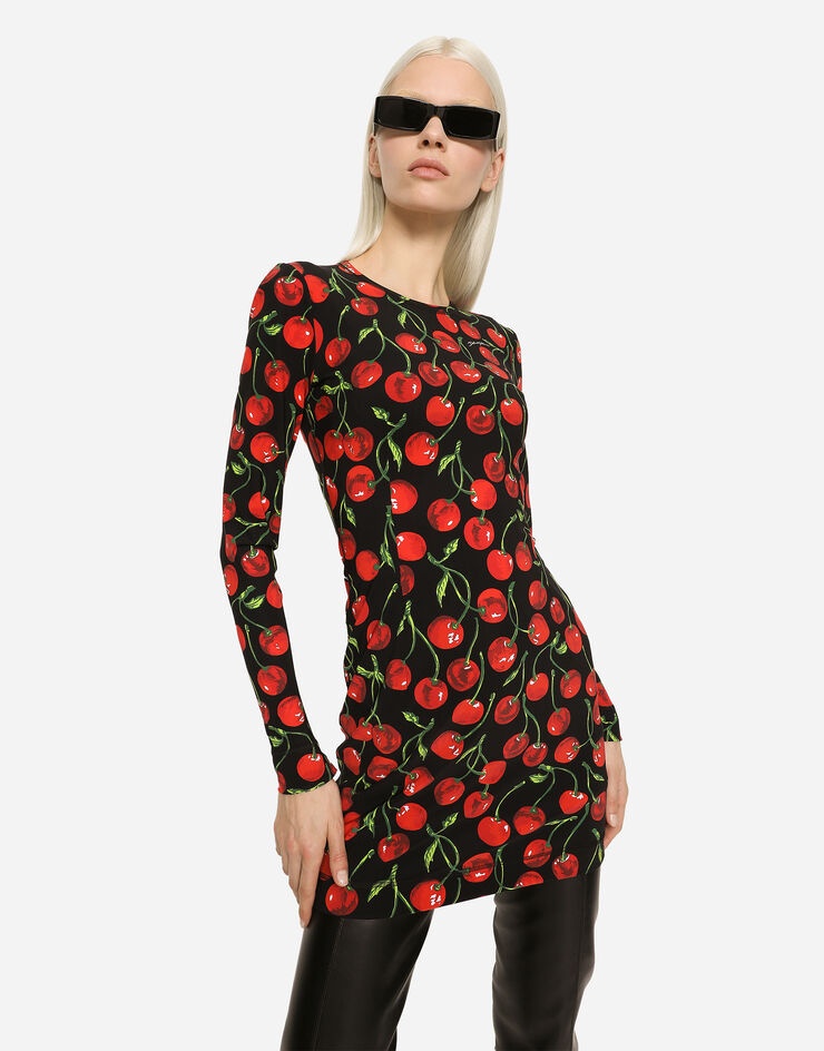 Short long-sleeved jersey dress with cherry print - 4