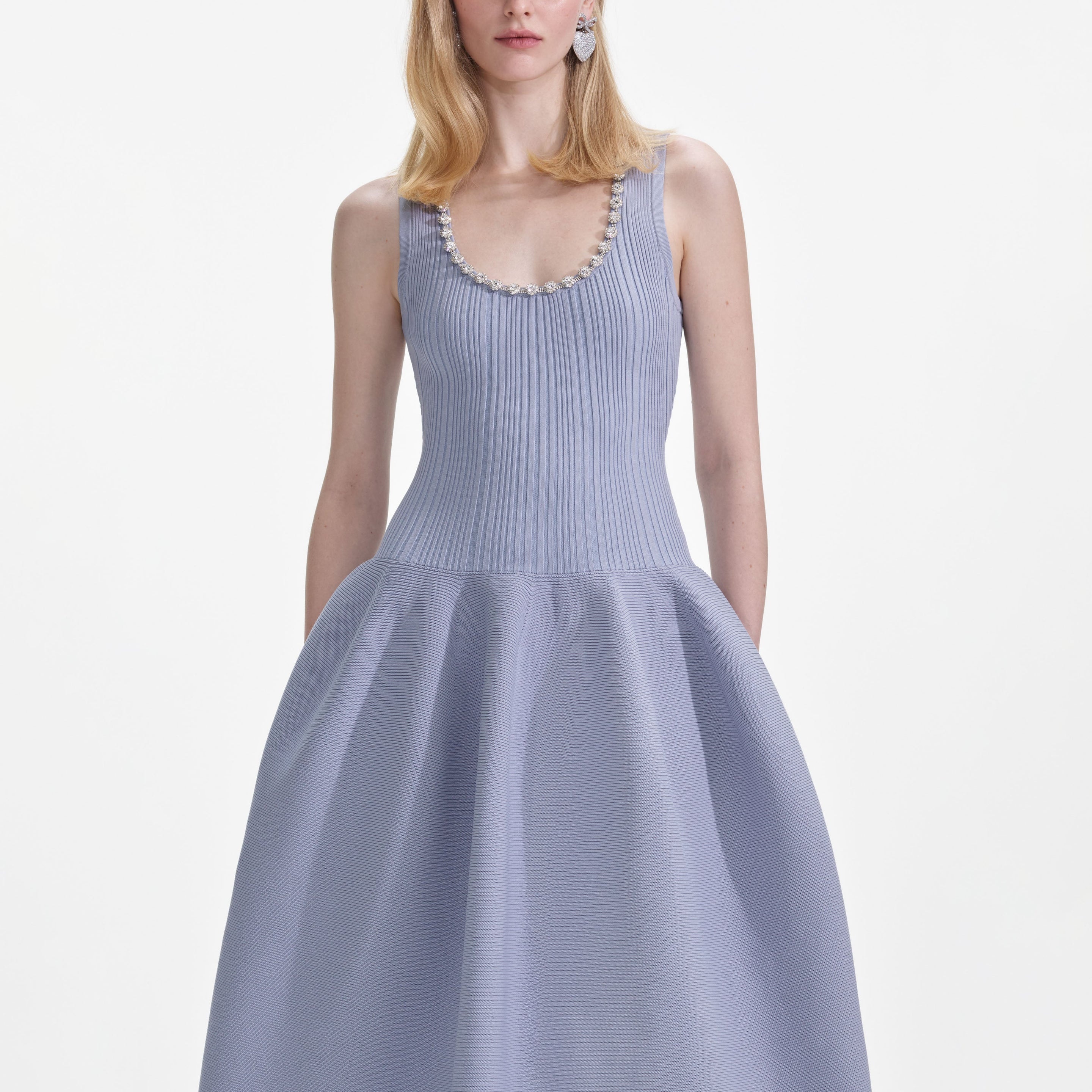 Blue Ribbed Knit Diamante Midi Dress - 4