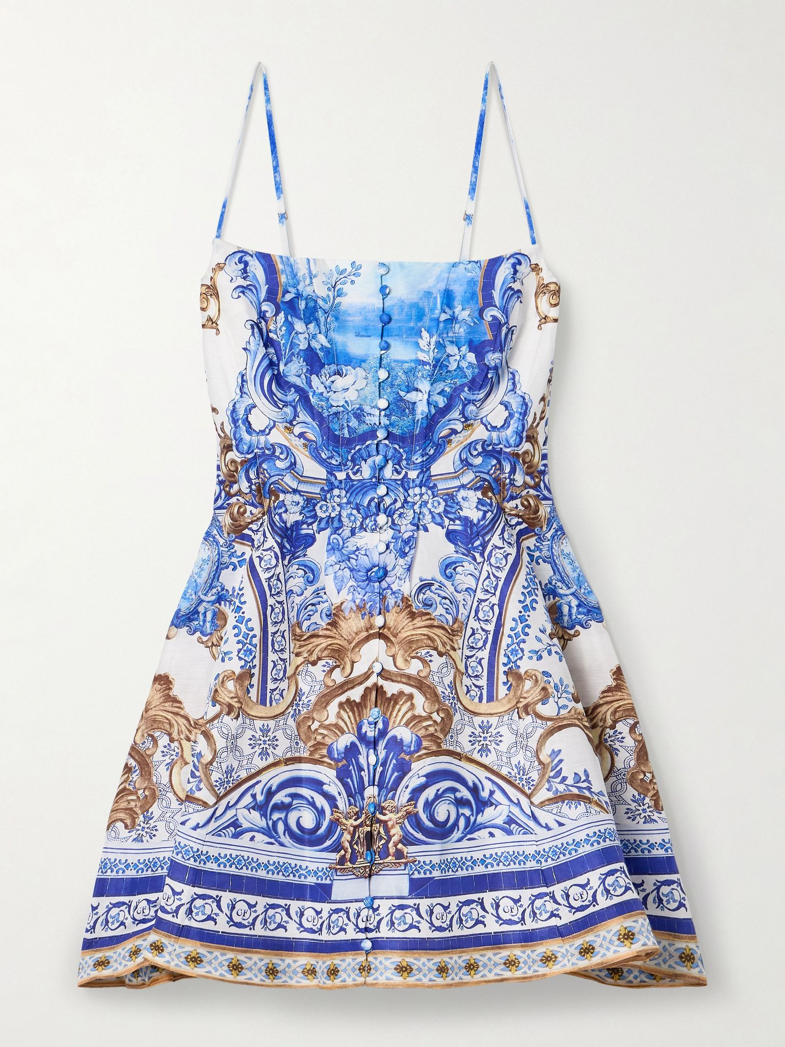 Pleated printed linen and silk-blend mini dress Blue - 1