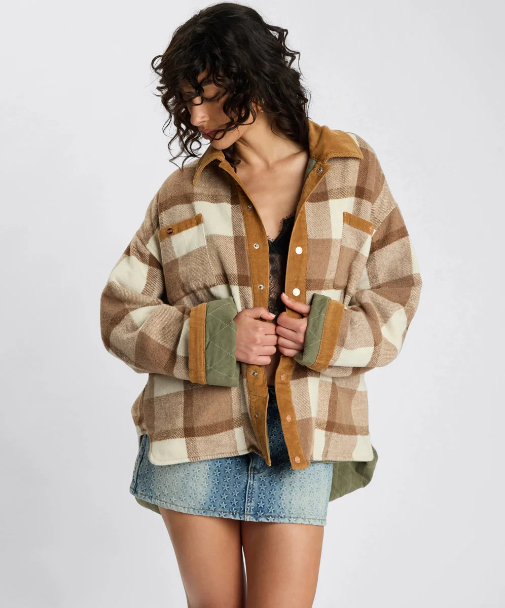 Vintage Padded Oversized Fleece Jacket - Tan Check - 1