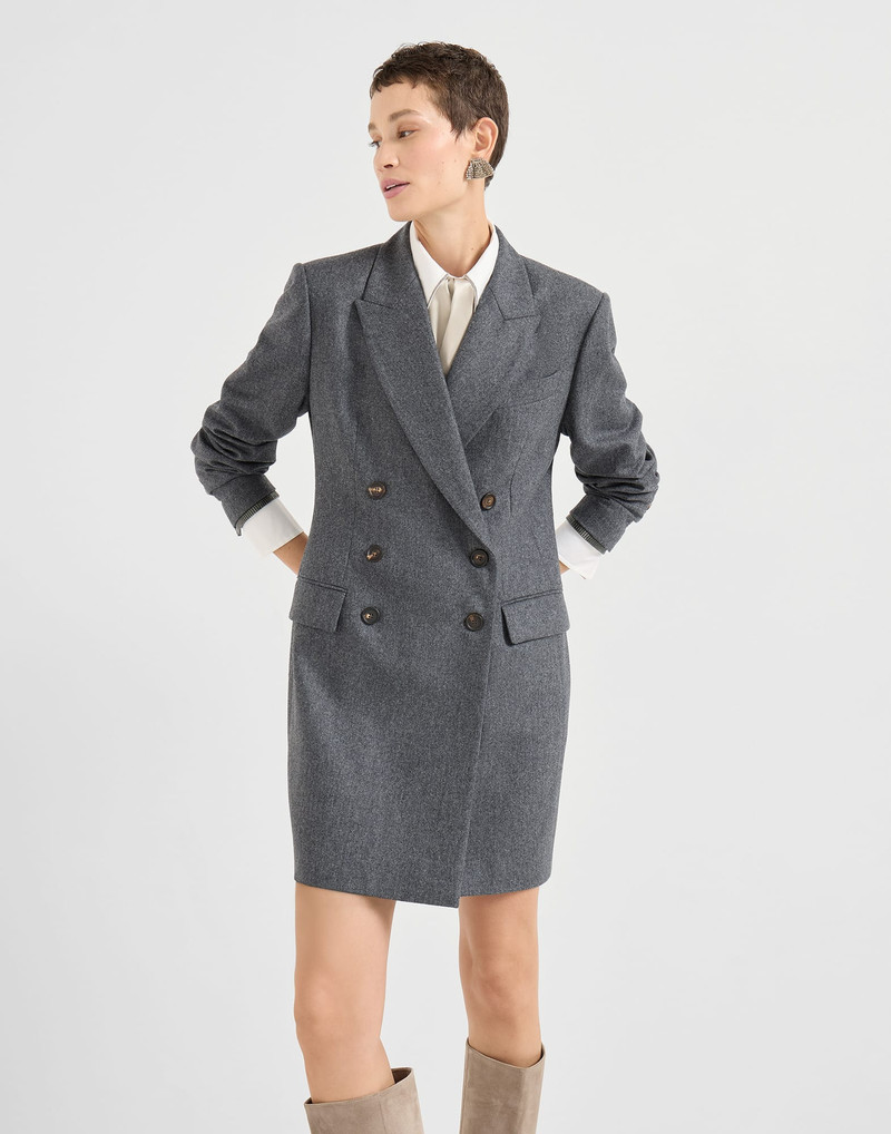 Virgin wool flannel blazer dress with shiny cuffs and pocket square 4
