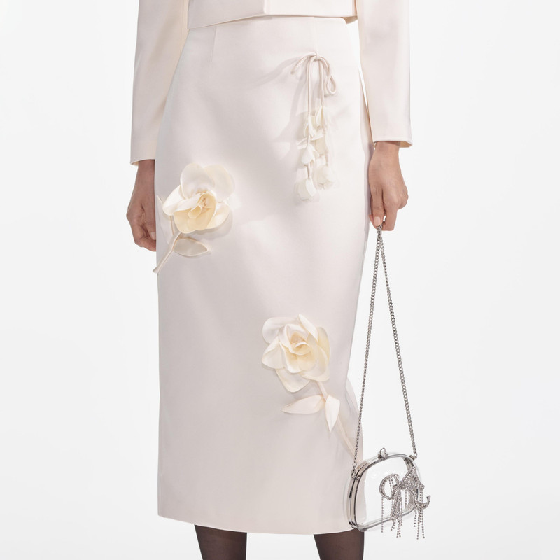 Cream 3D Flower Satin Midi Skirt 5