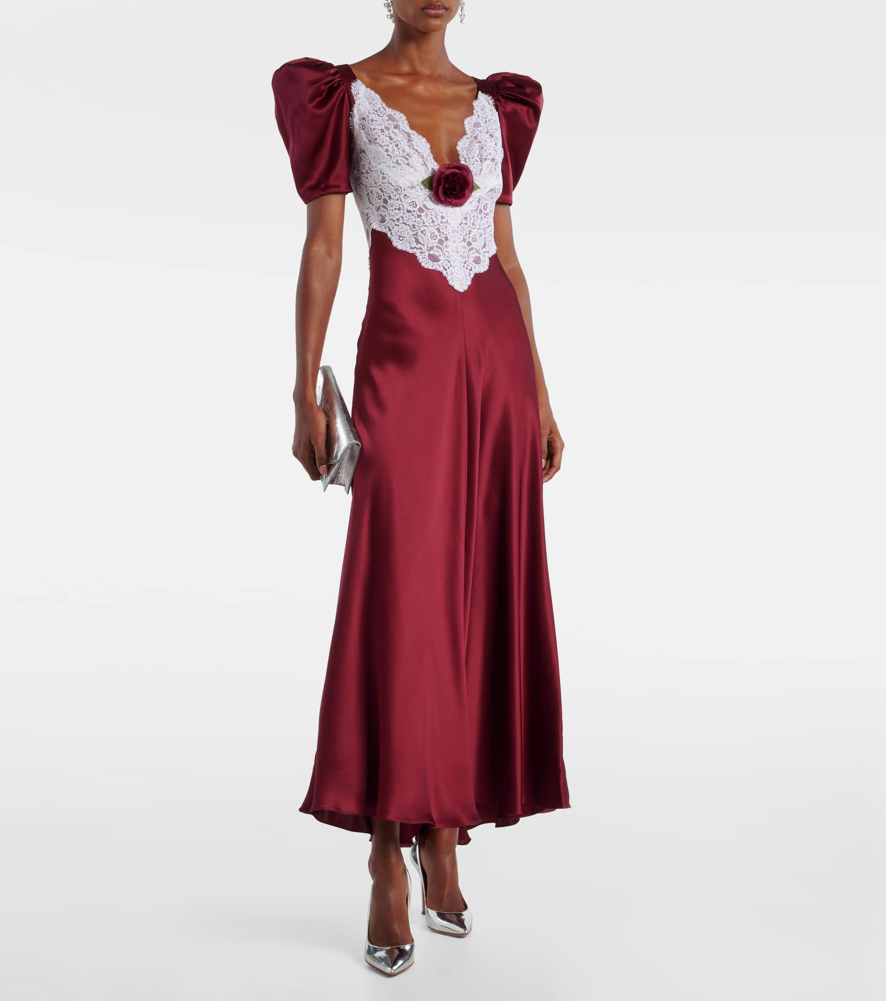 Floral-appliqué lace-trimmed silk gown - 2