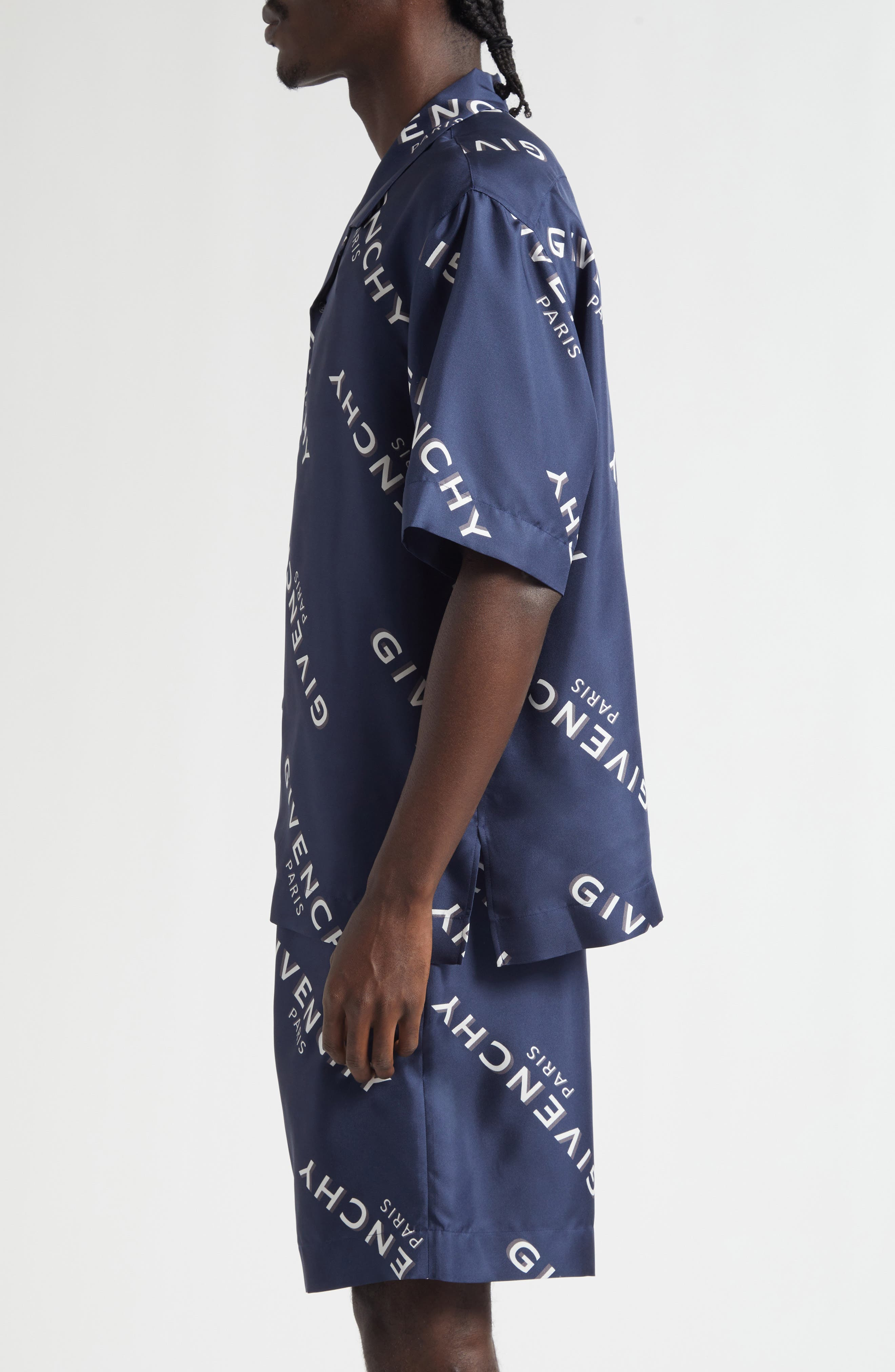 Givenchy Logo Print Silk Bowling Shirt in Navy at Nordstrom - 4