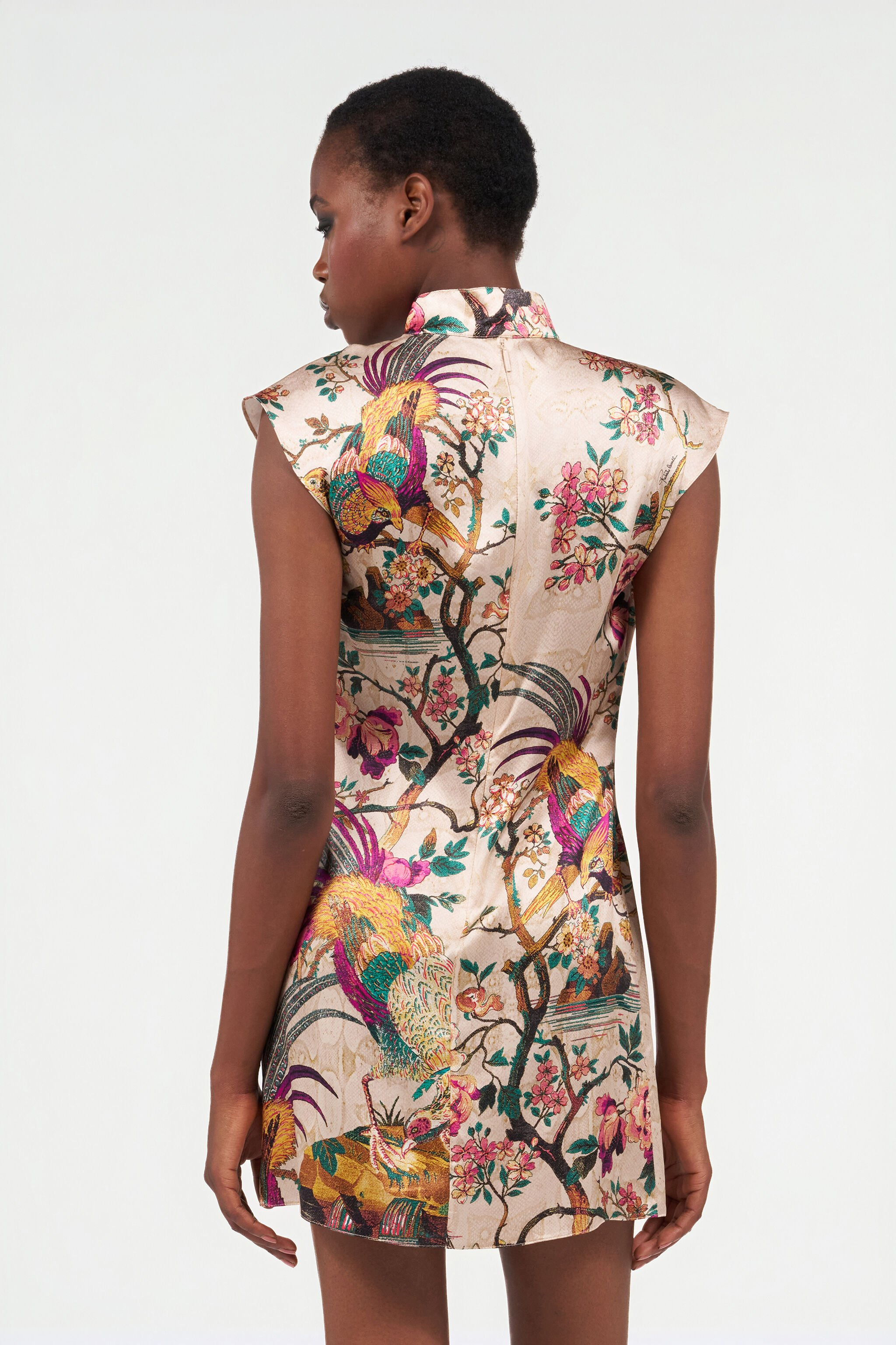 Oriental Bird Print Silk Mini Dress - 4