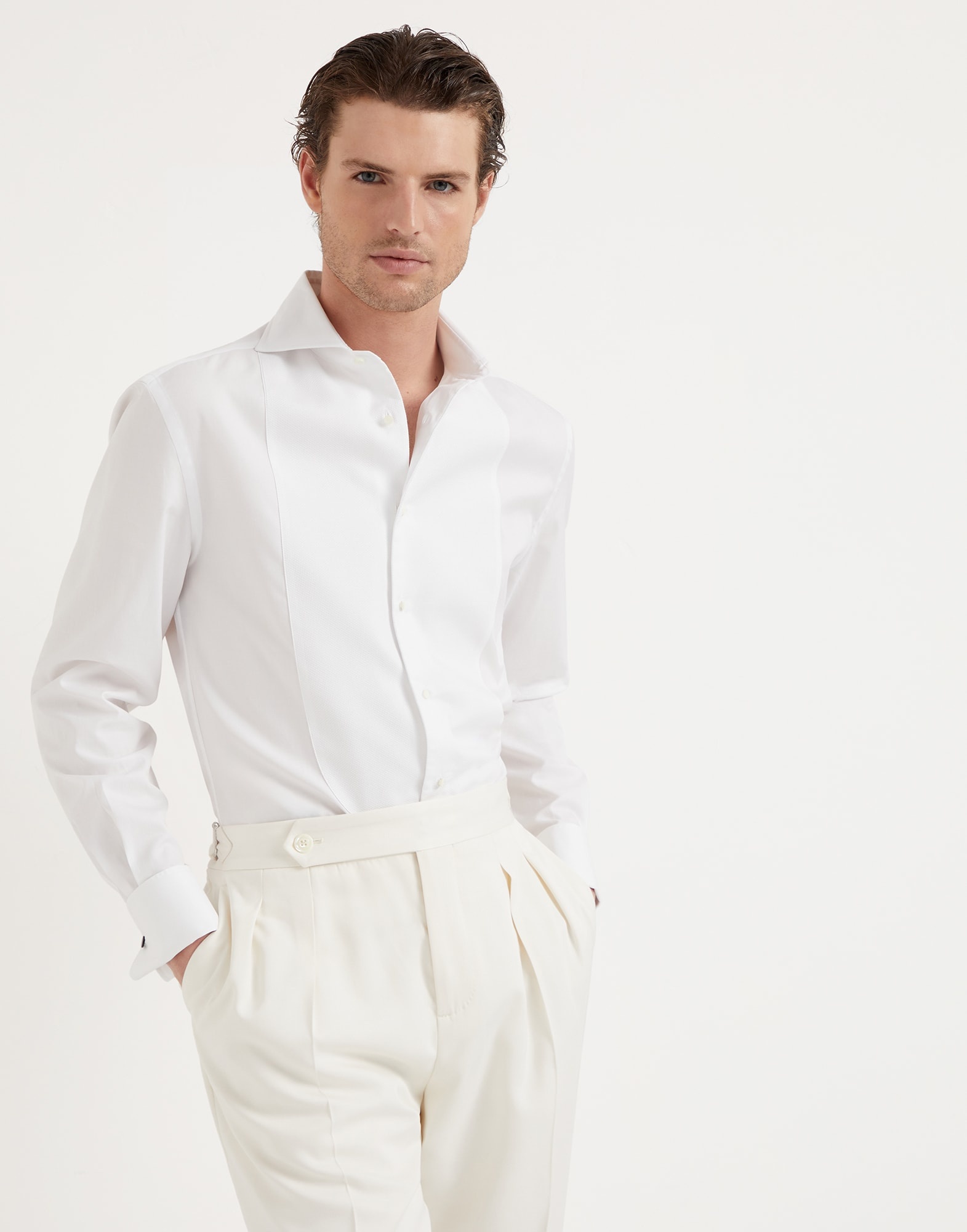 Sea Island cotton twill slim fit tuxedo shirt with pleated bib, spread collar and French cuffs - 4