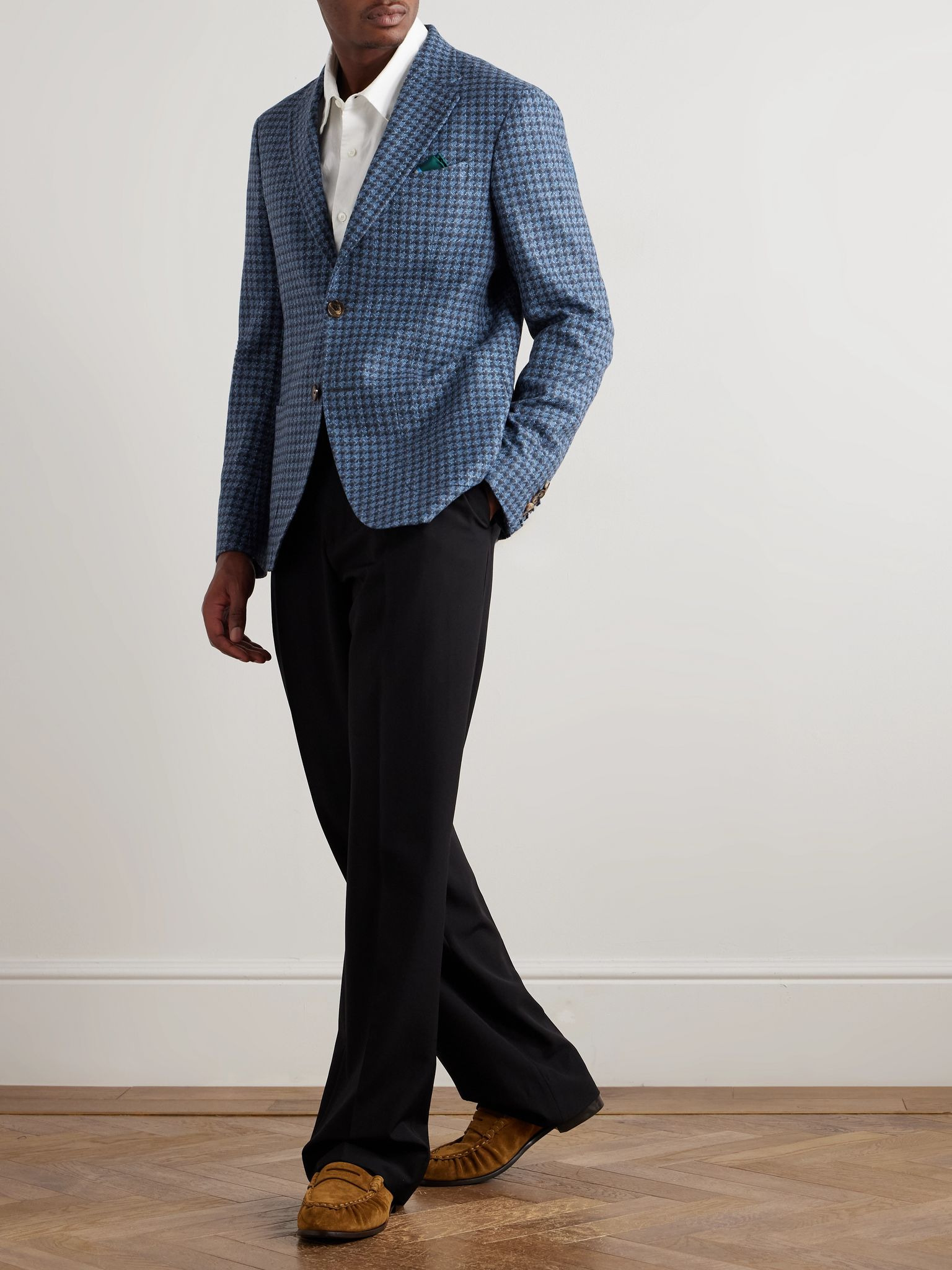 Roma Sport Houndstooth Wool, Cotton and Linen-Blend Blazer Blue - 2