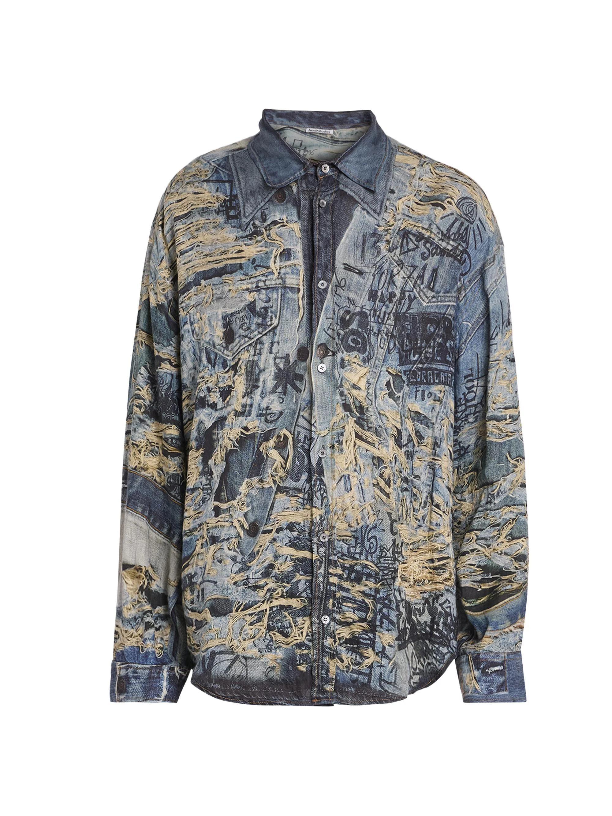 Men's Setar Torn Scribble Printed Linen Shirt - Denim Blue - 1