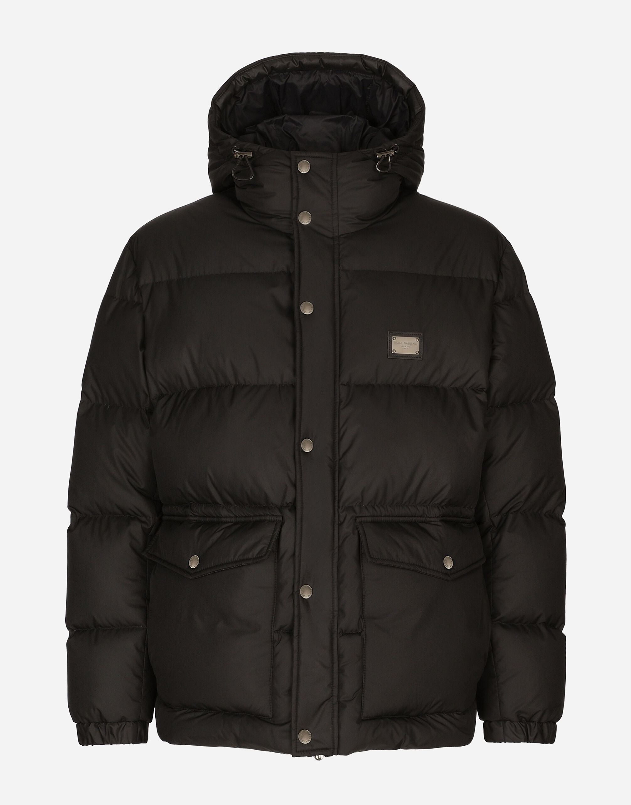 Nylon down jacket with hood and branded tag - 1