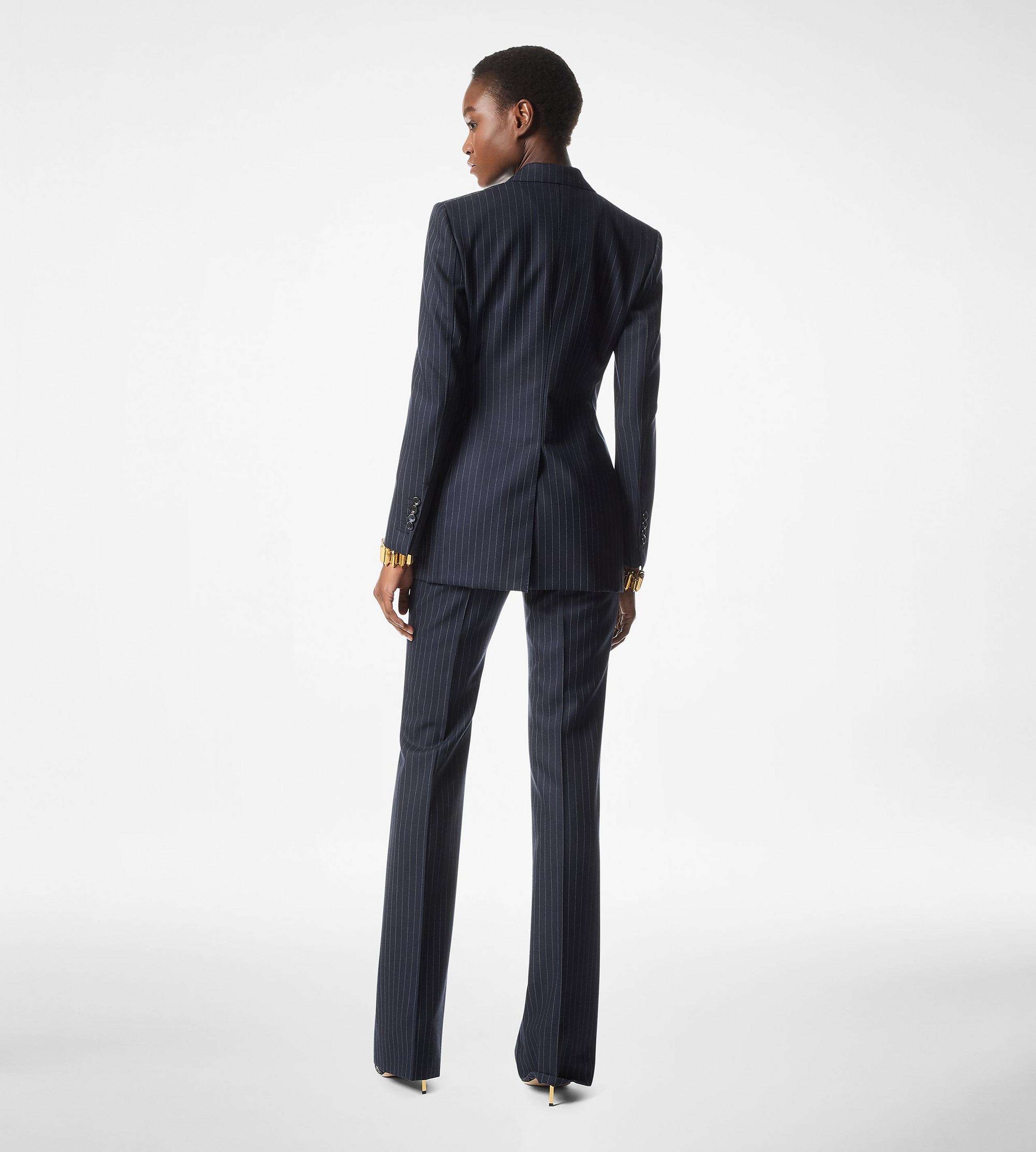 STRIPED WOOL FLANNEL TAILORED WIDE LEG PANTS - 4