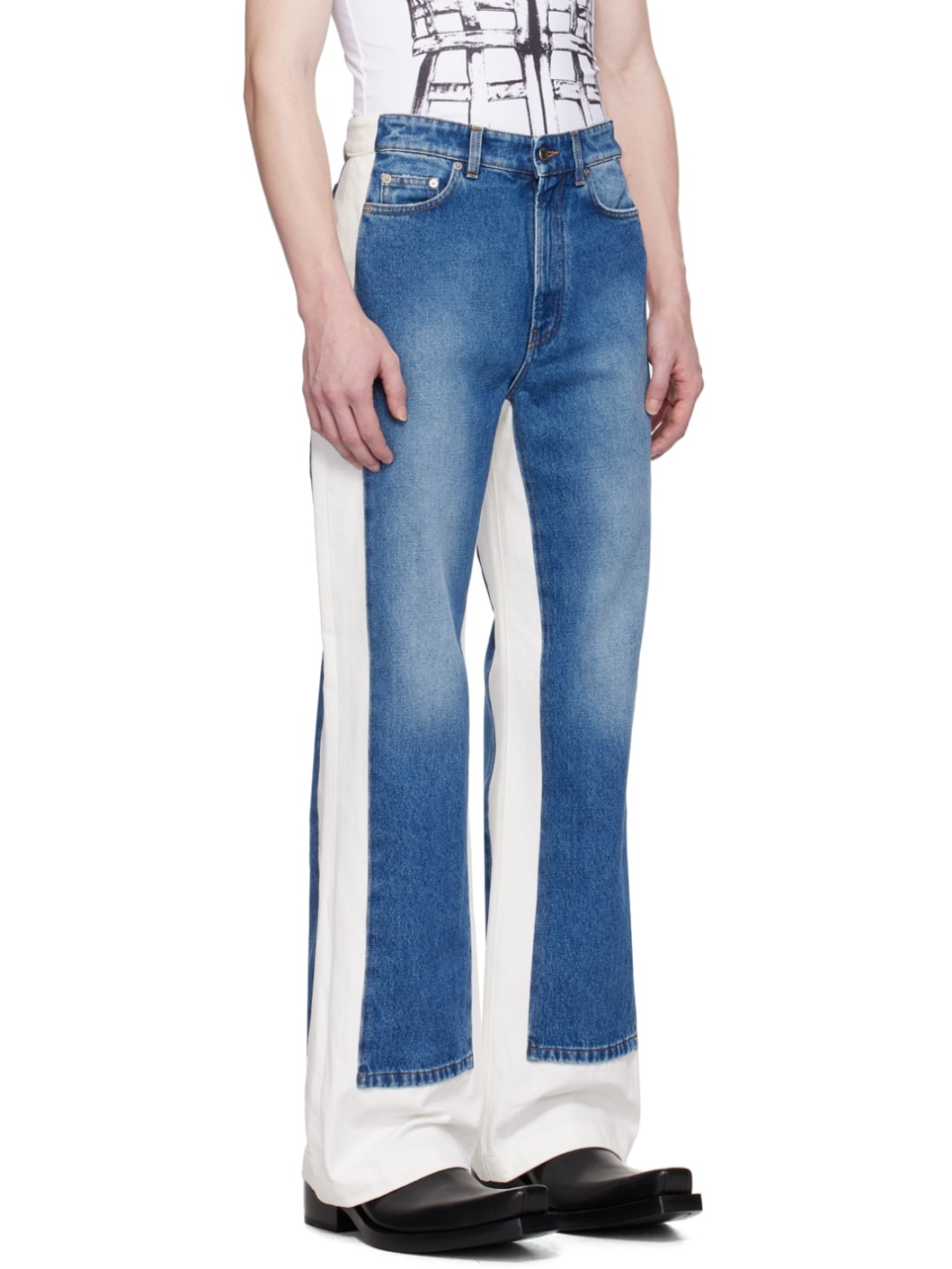 Blue & White Paneled Jeans - 2