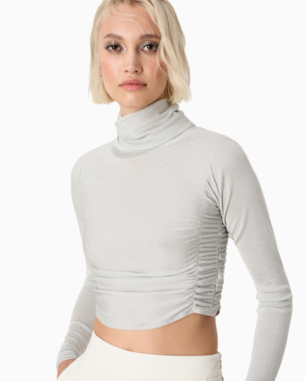 Cropped mock-neck jumper in viscose jersey and Lurex - 5