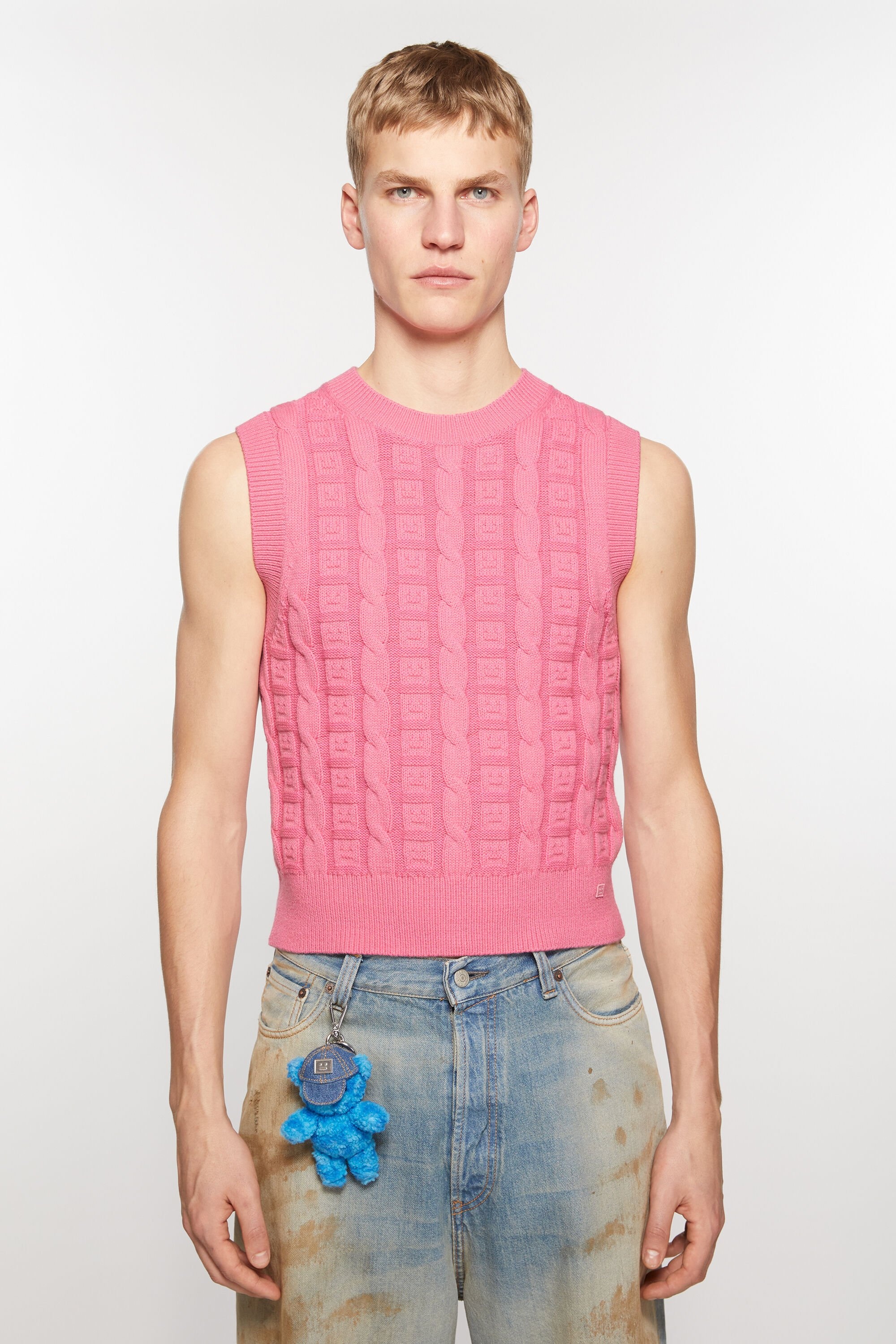Cable wool sleeveless jumper - Tango pink - 2