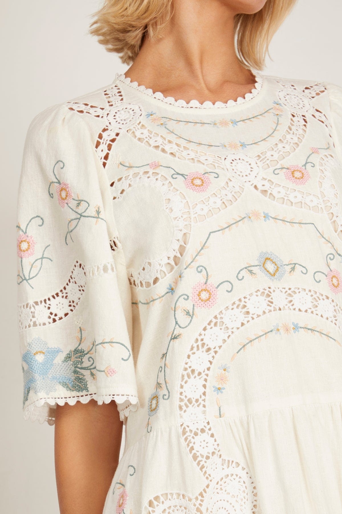 Vesna Embroidery Short Sleeve Dress in White - 4