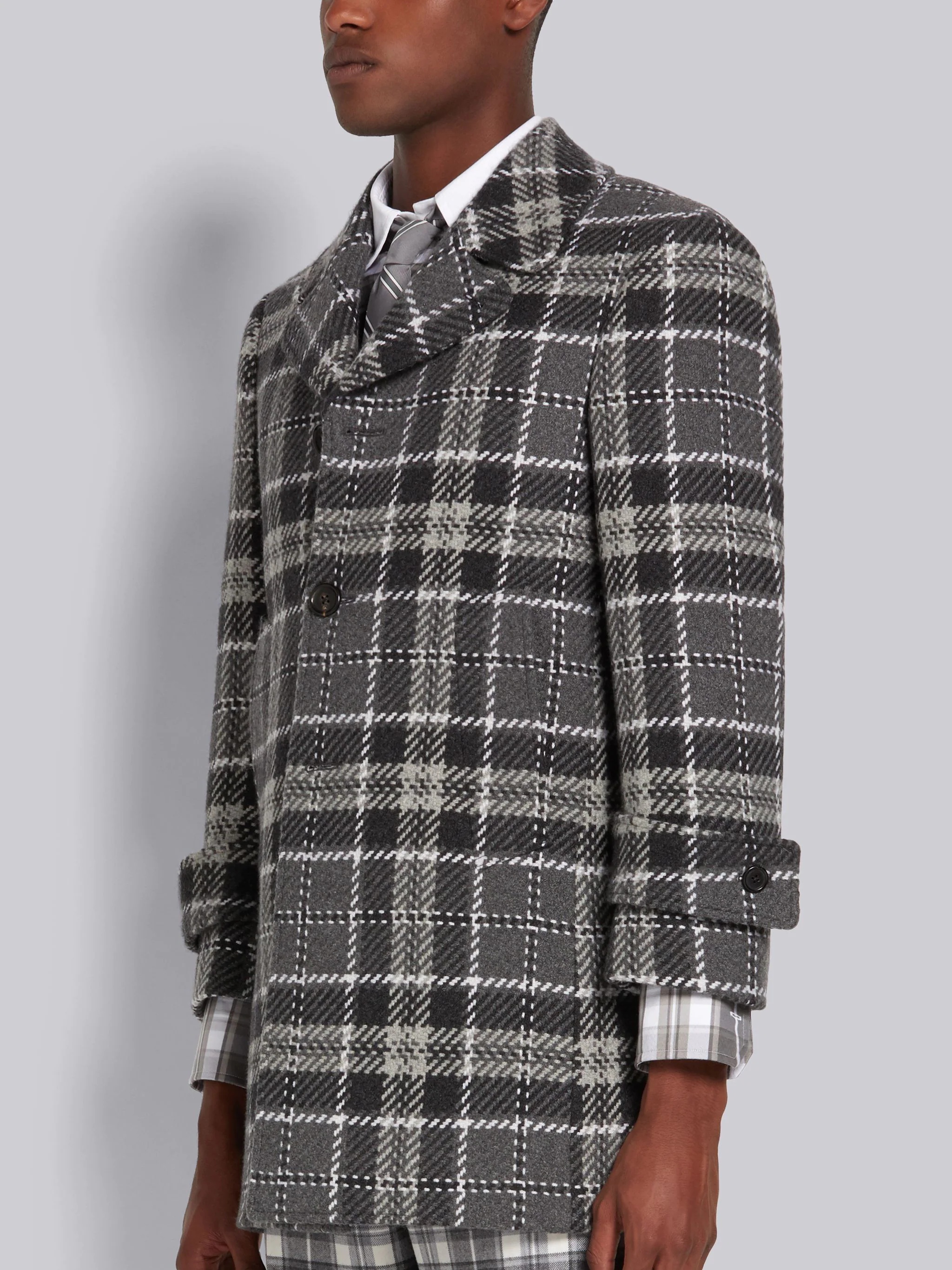 Medium Grey Tartan Check Cashmere Tweed Round Collar High Break Overcoat - 2