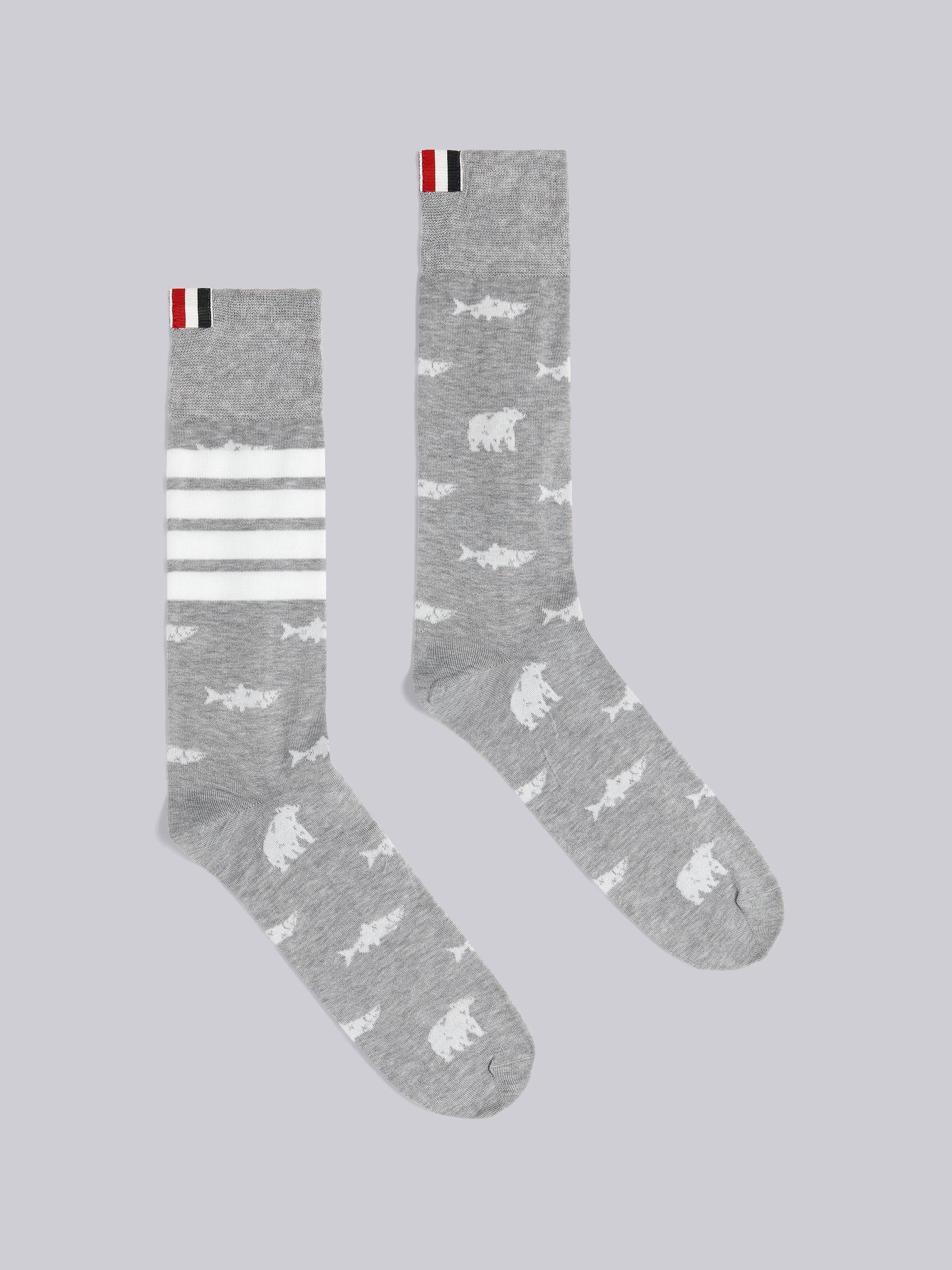 Light Grey Mercerized Cotton Bear and Salmon Half Drop Intarsia 4-Bar Stripe Mid-calf Socks - 1