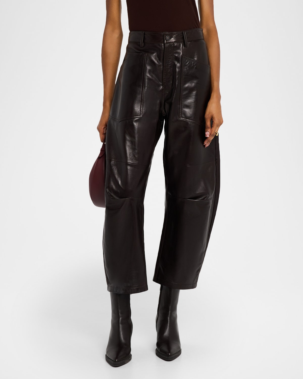 Shon Leather Barrel-Leg Ankle Pants - 4