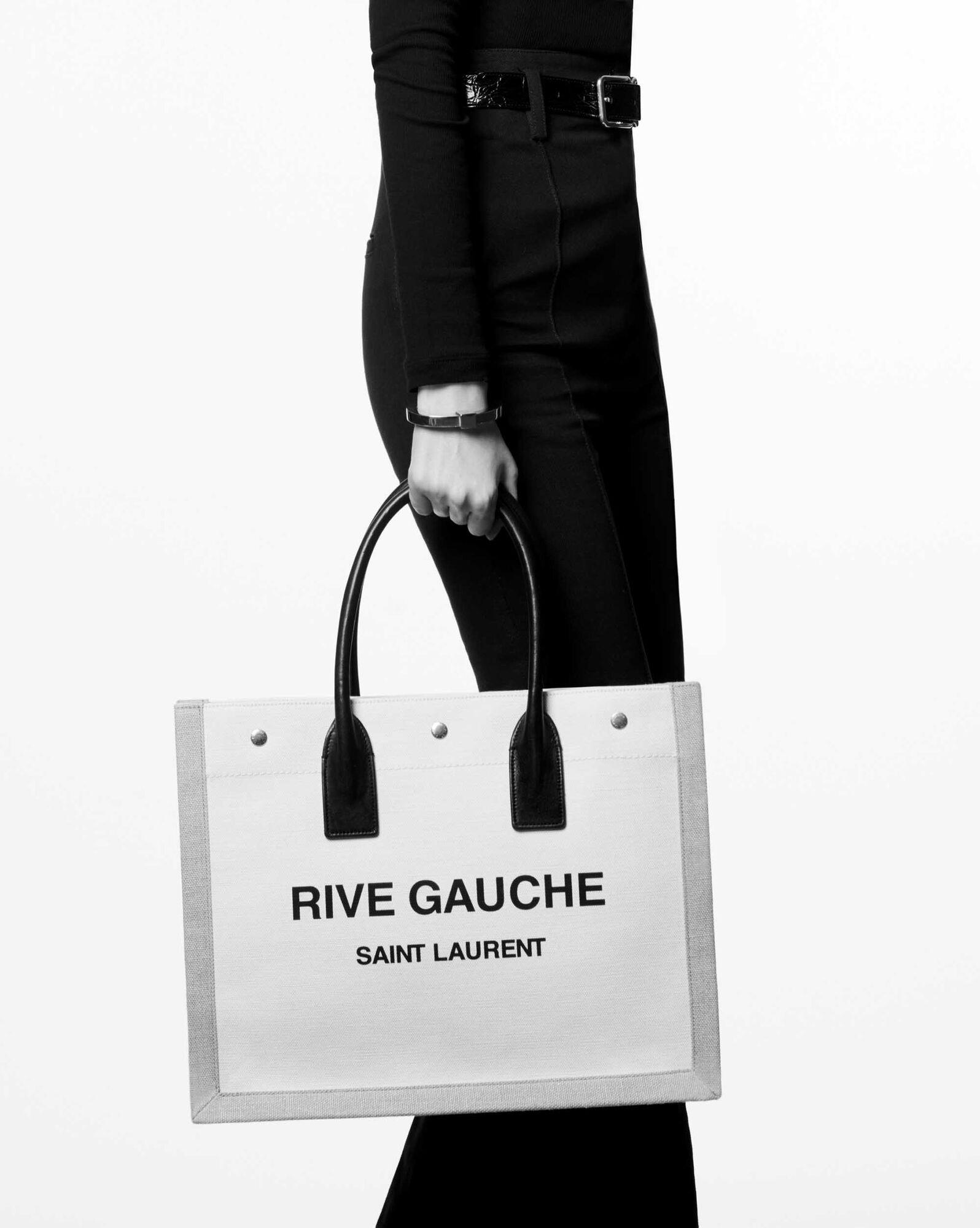 Rive Gauche glossed-leather and appliquéd mesh tote