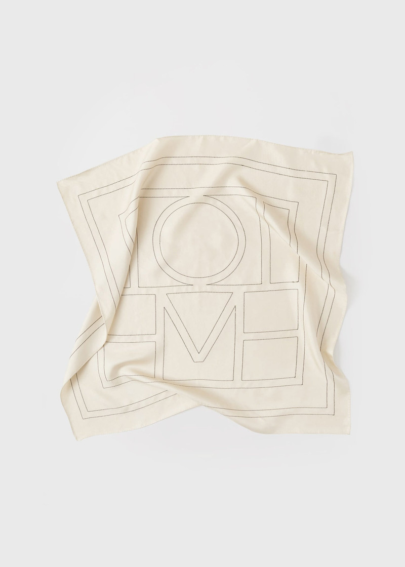 Embroidered monogram silk scarf creme 4