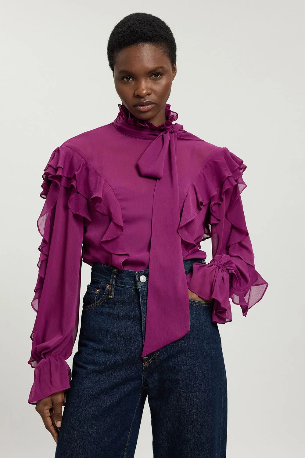Ruffle Front Crinkle Georgette Pussy Bow Blouse - 1