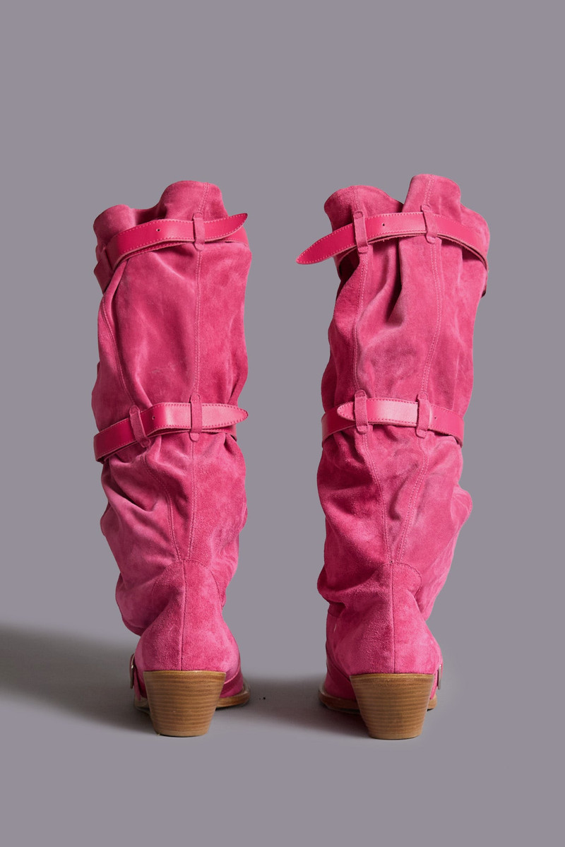 BUCKLED-UP SLOUCH COWBOY BOOT - BRIGHT PINK SUEDE - R13 4
