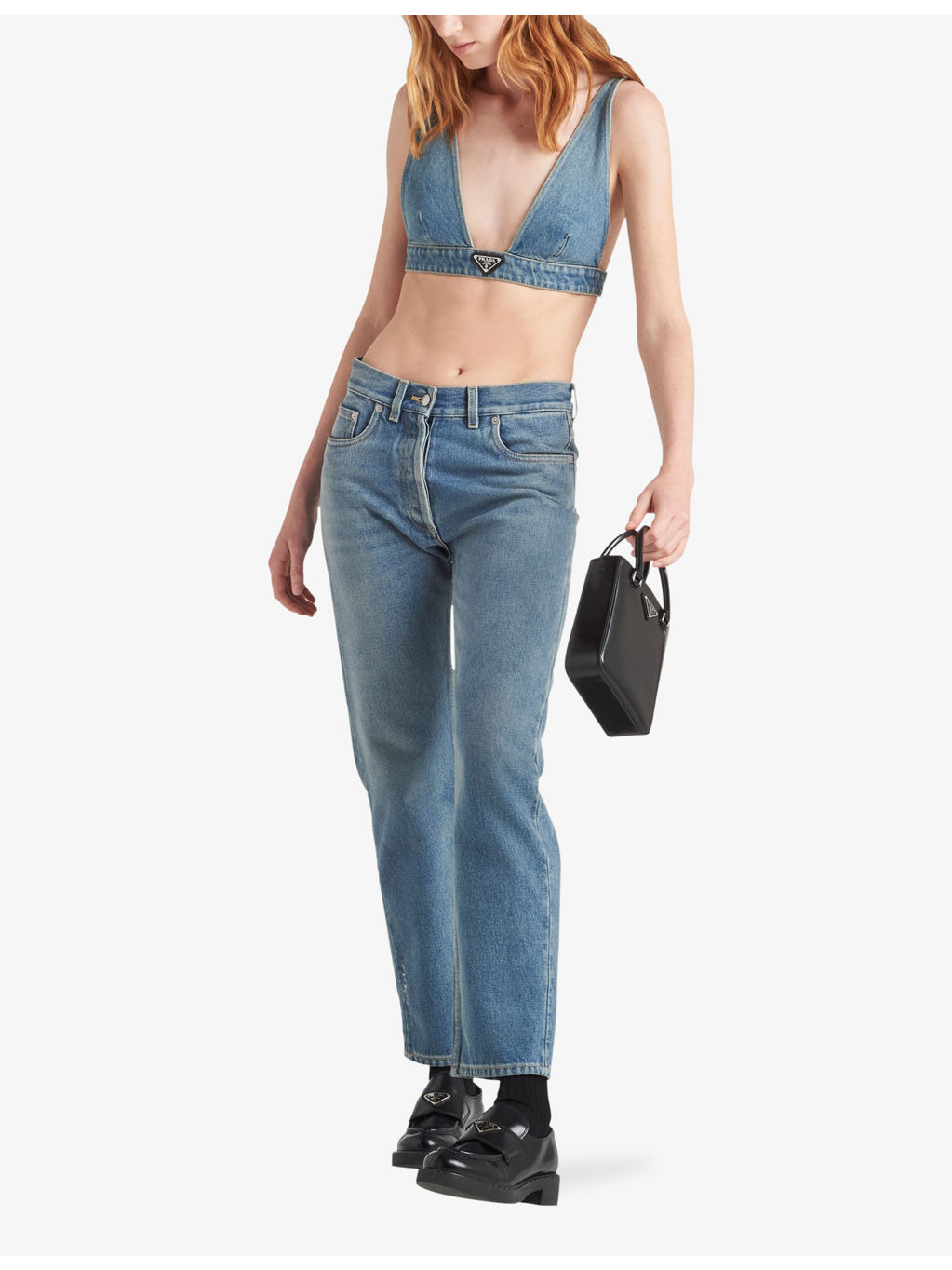 Logo-badge V-neck cropped organic-denim top - 2