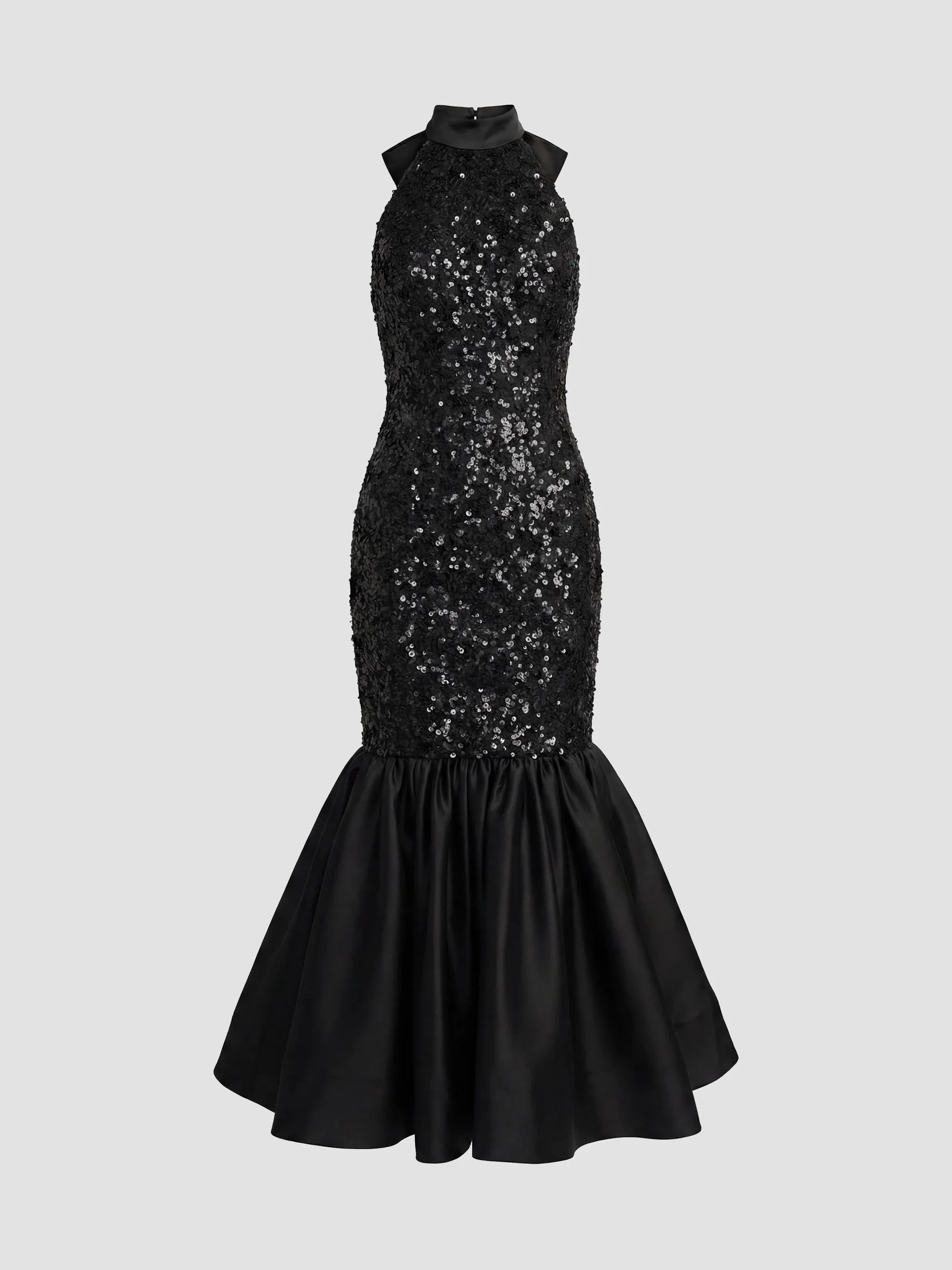 Women's Sequined Lace-Satin Halter Mermaid Midi Dress - Black - 1
