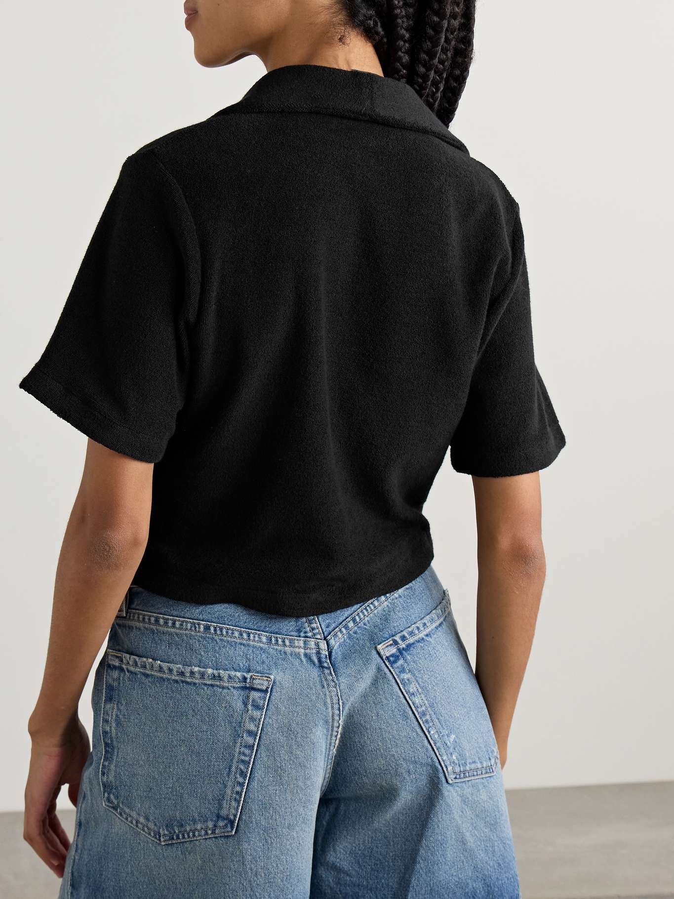 Misty Hem cropped cotton-terry shirt Black - 3