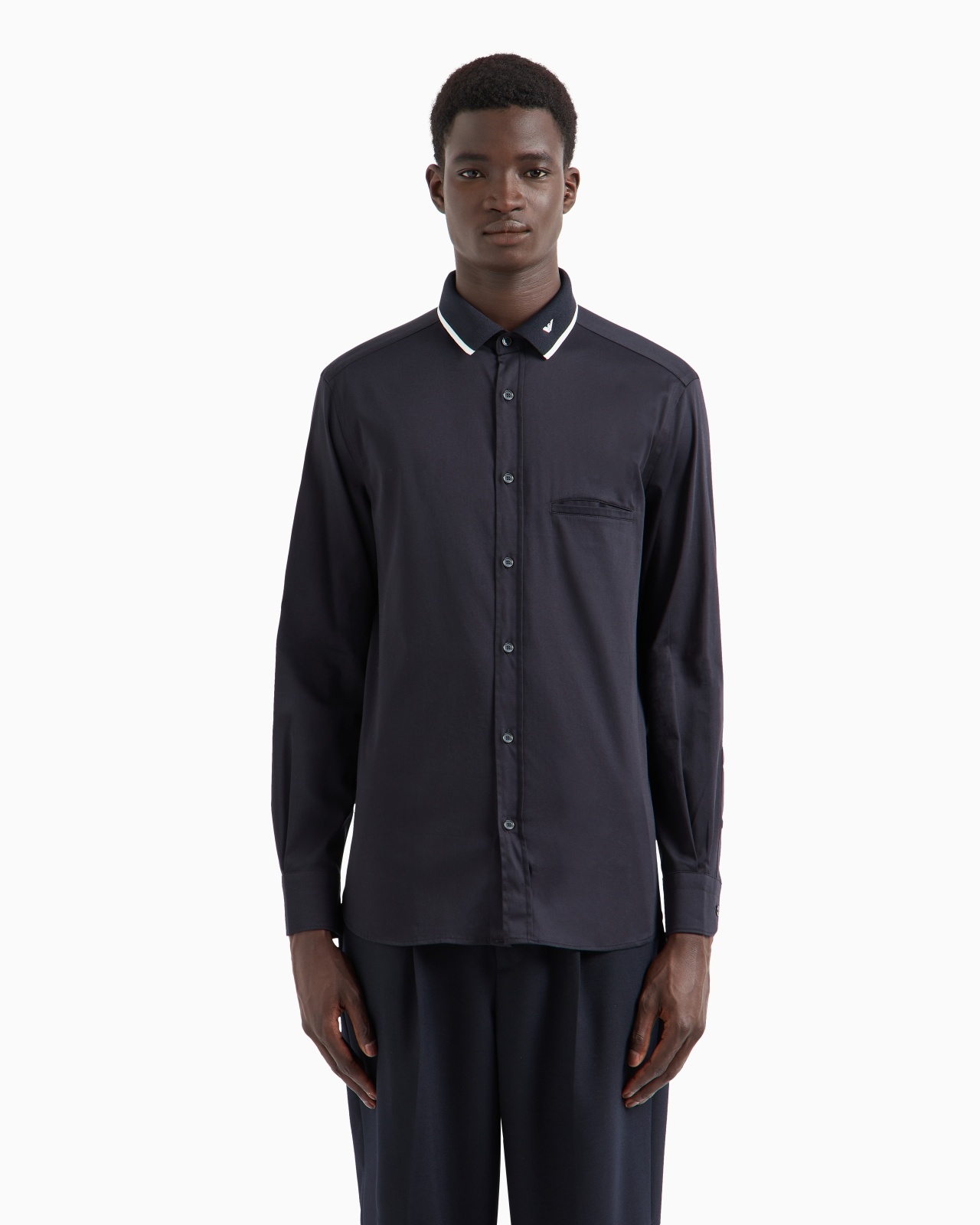 SATIN SHIRT WITH CONTRASTING RIBBED COLLAR - 2
