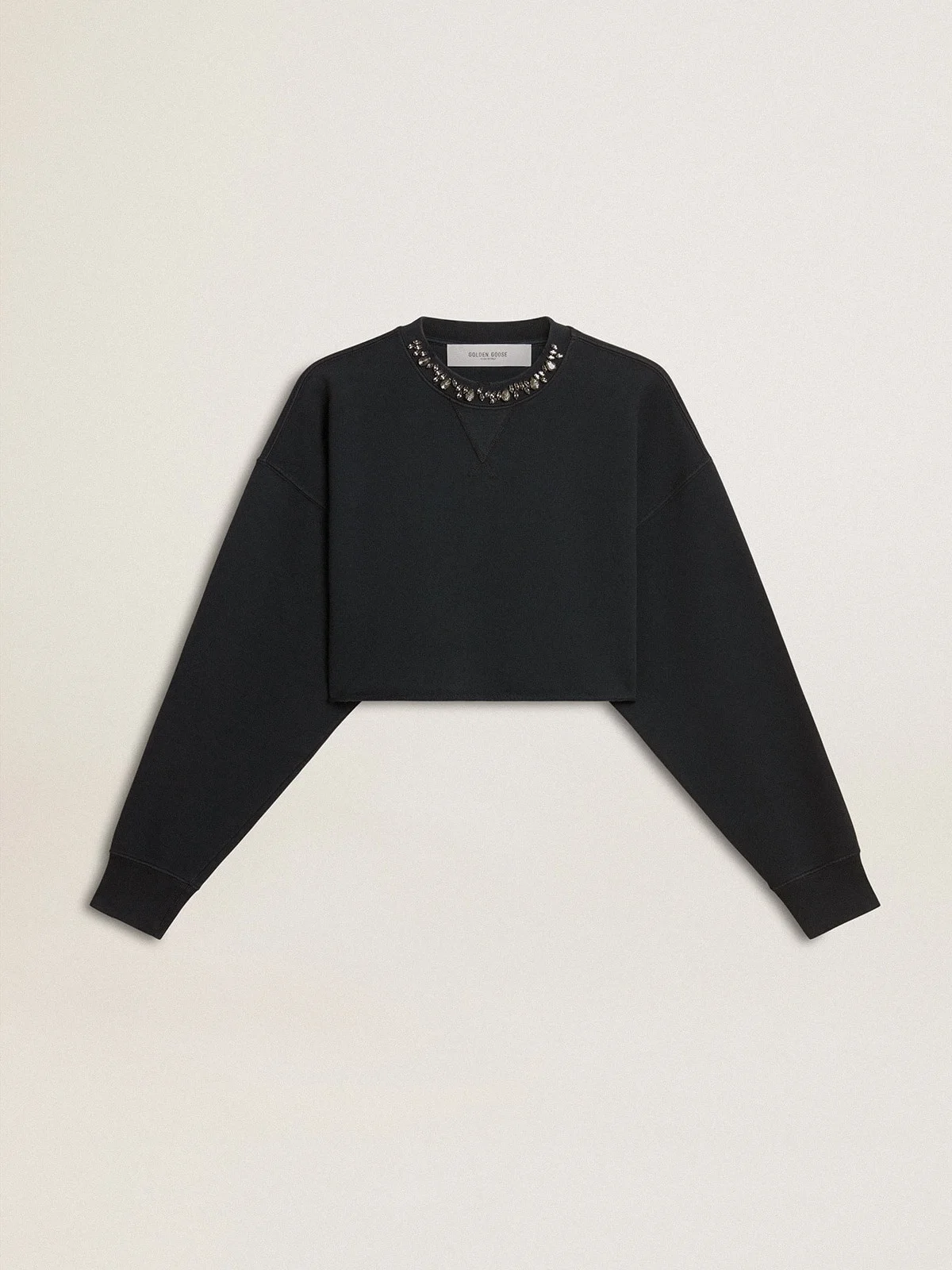 Women's cropped cotton sweatshirt with crystals on the front - 1