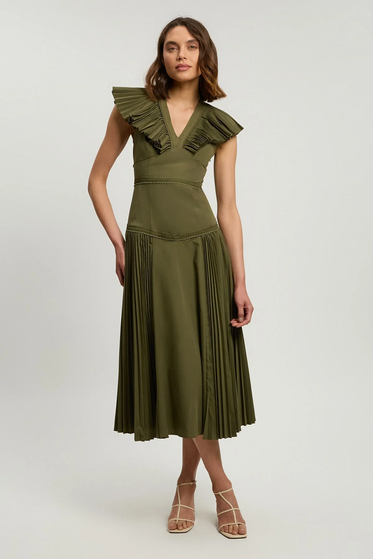 Cotton Poplin Pleat Detail Woven Midi Dress - 1