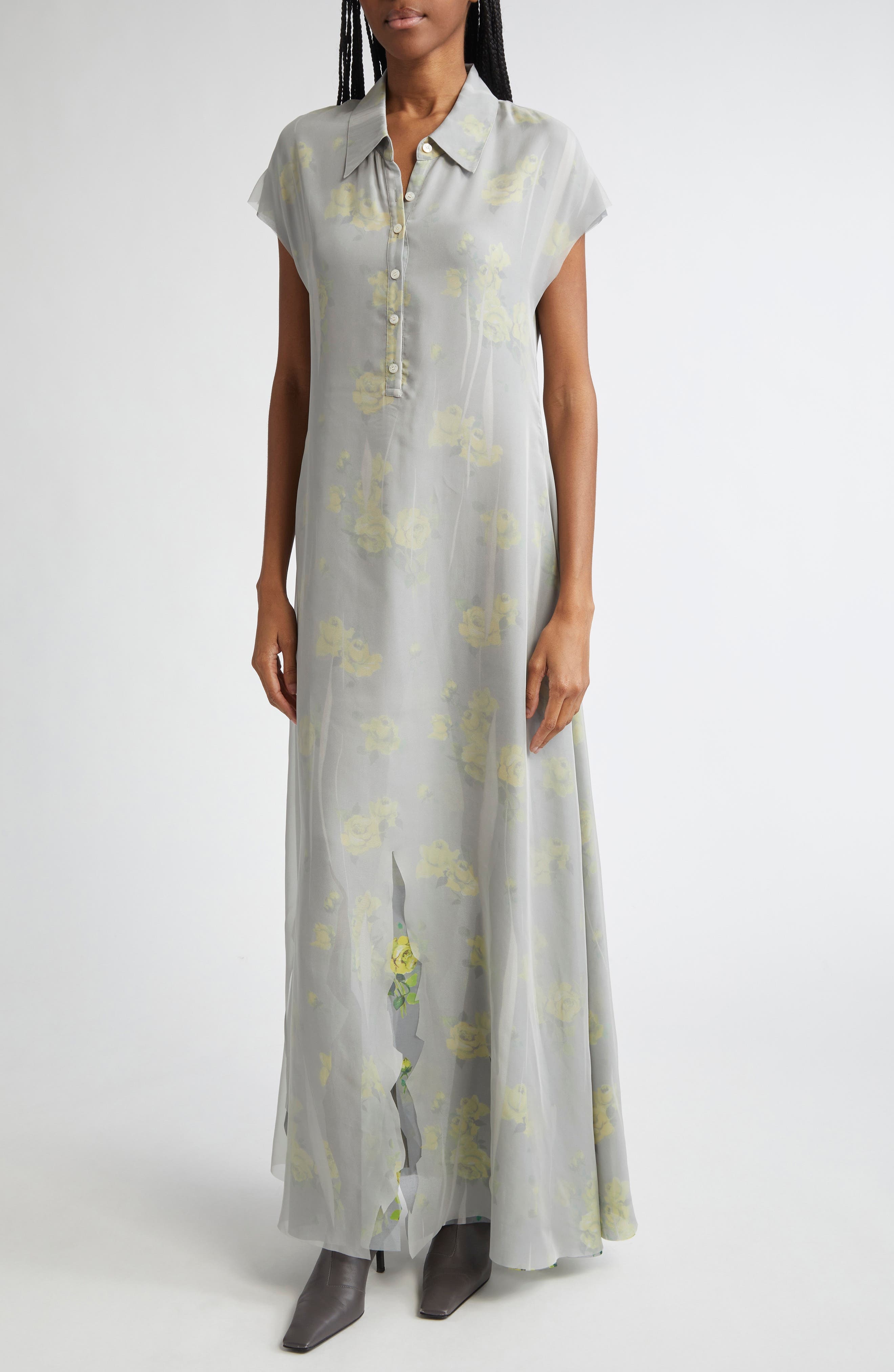 Acne Studios Dranee Floral Georgette Maxi Shirtdress in Yellow/Grey at Nordstrom - 4