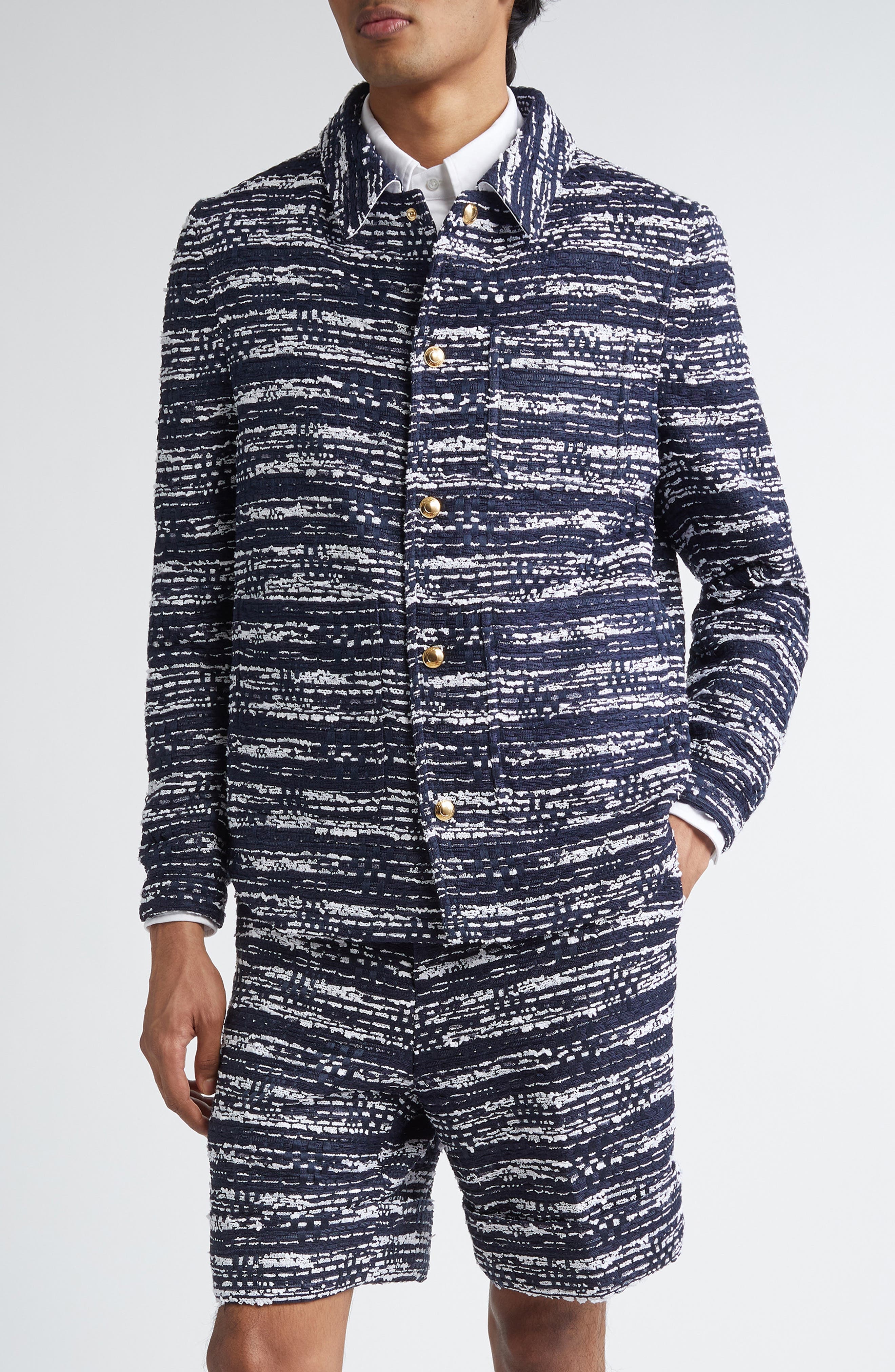 Thom Browne Mèlange Tulle Yarn Tweed Utility Jacket in Navy at Nordstrom - 1