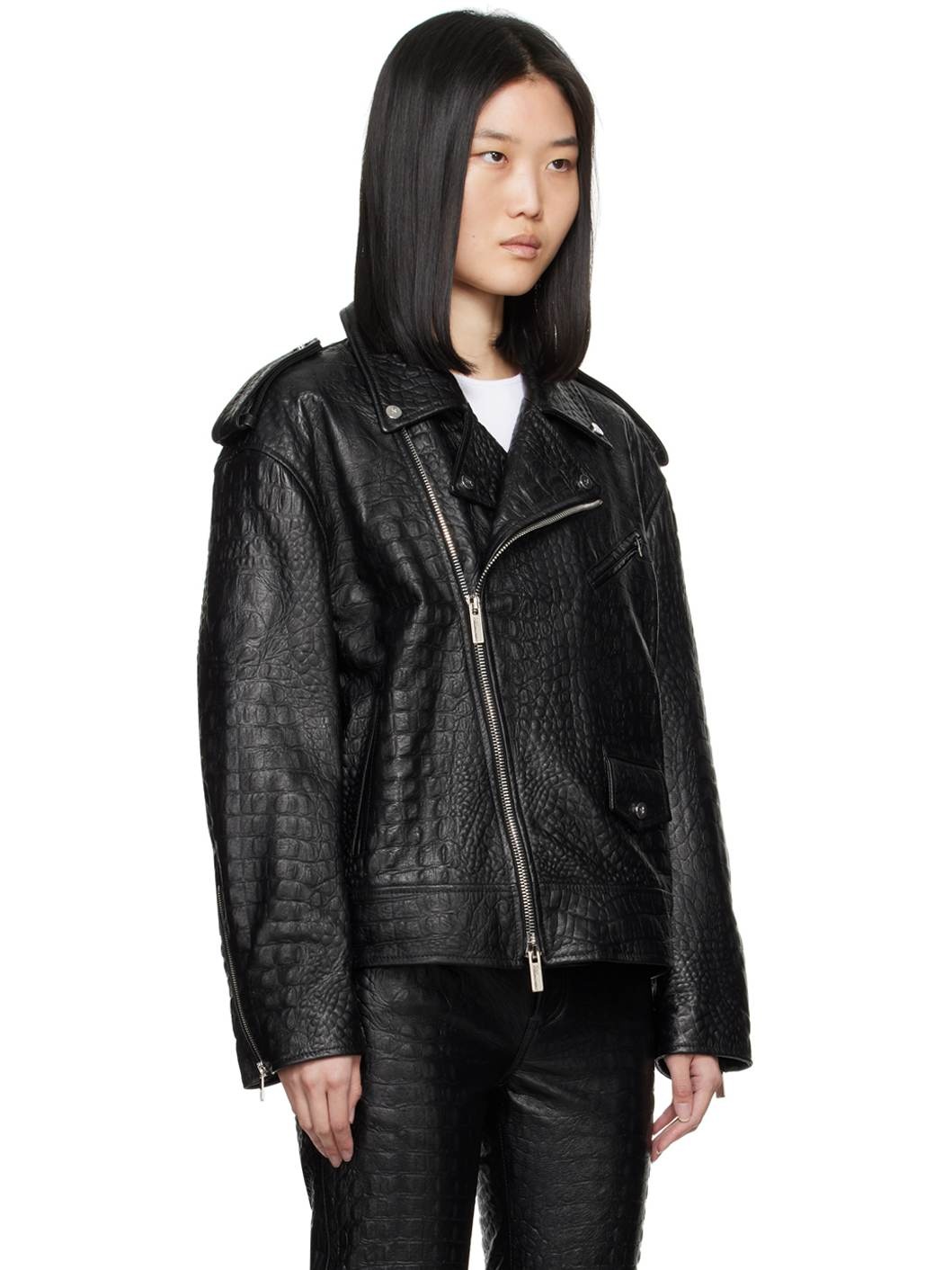 Black Crocodile-Effect Leather Jacket - 2