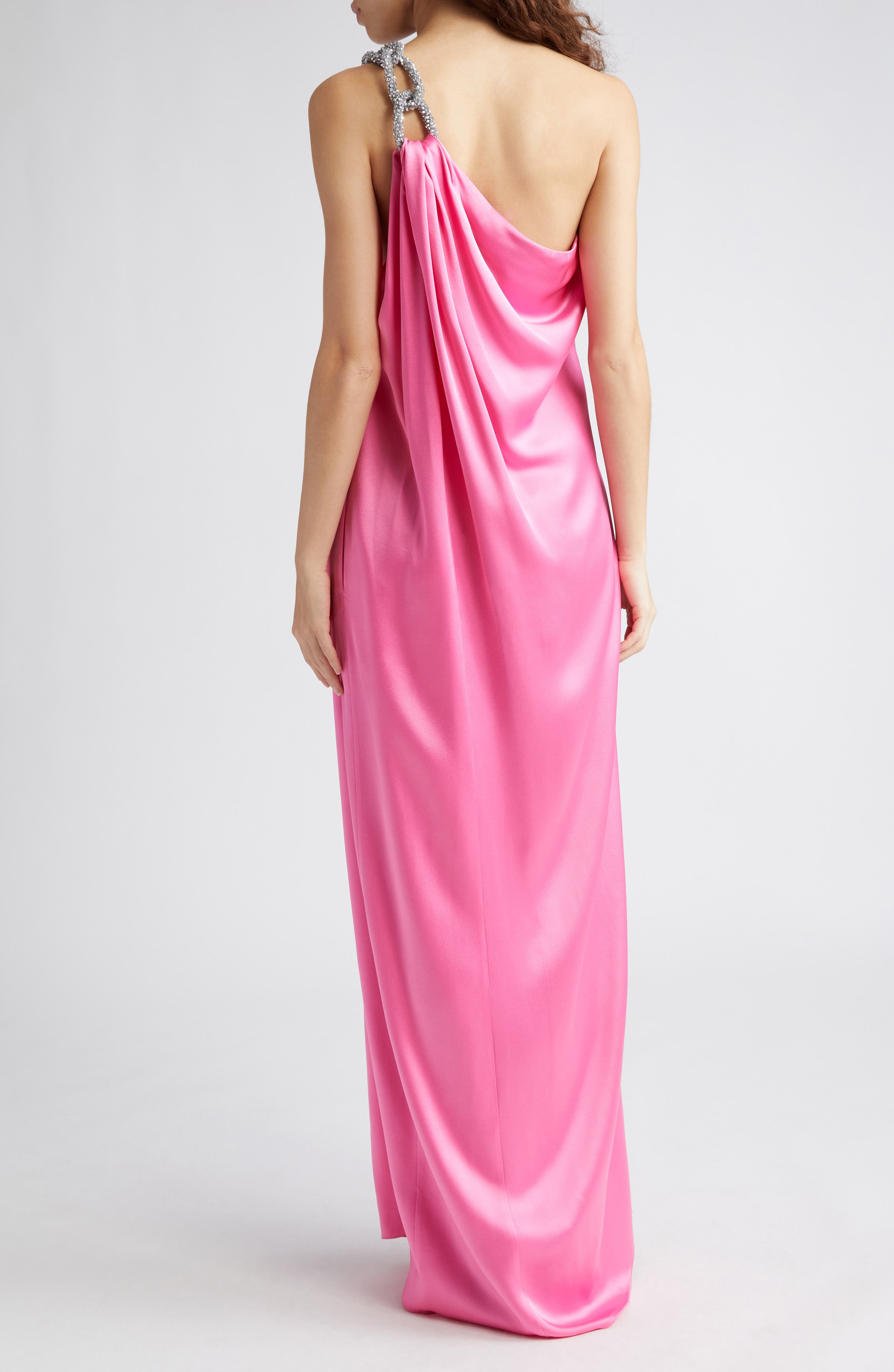 Falabella Crystal Chain Strap One-Shoulder Satin Gown - 2
