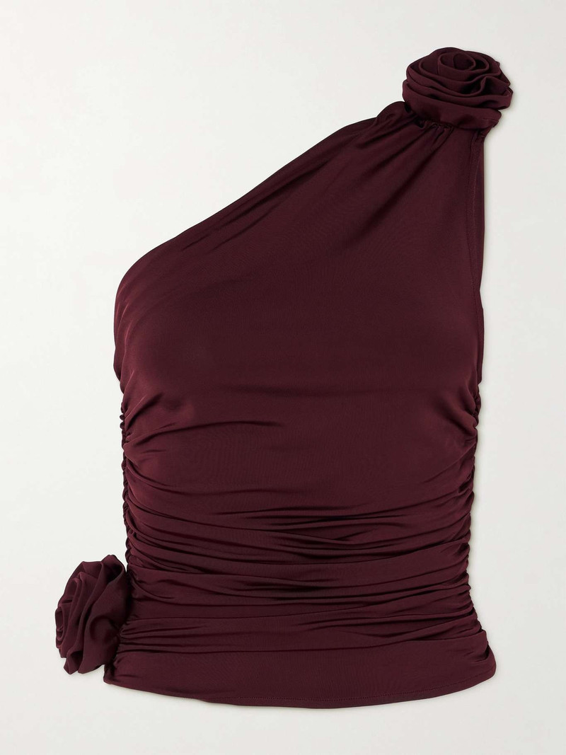 One-shoulder floral-appliquéd ruched satin-jersey top Burgundy - 1