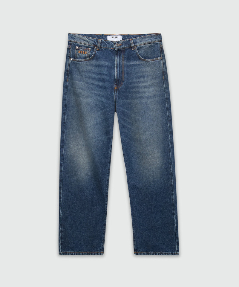 Dark blue faded denim trousers with embroidered logo 1