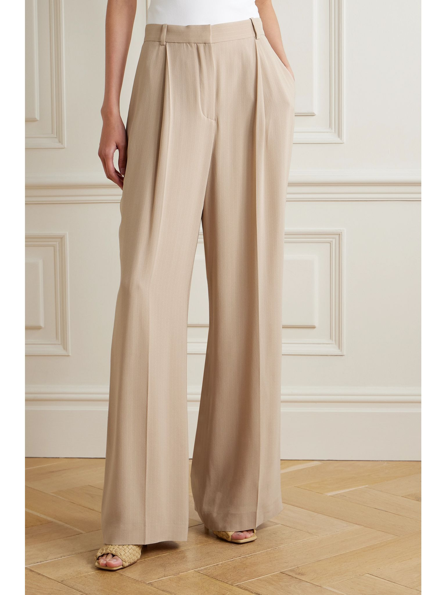 Jail pleated pinstriped silk-blend georgette wide-leg pants Beige - 3