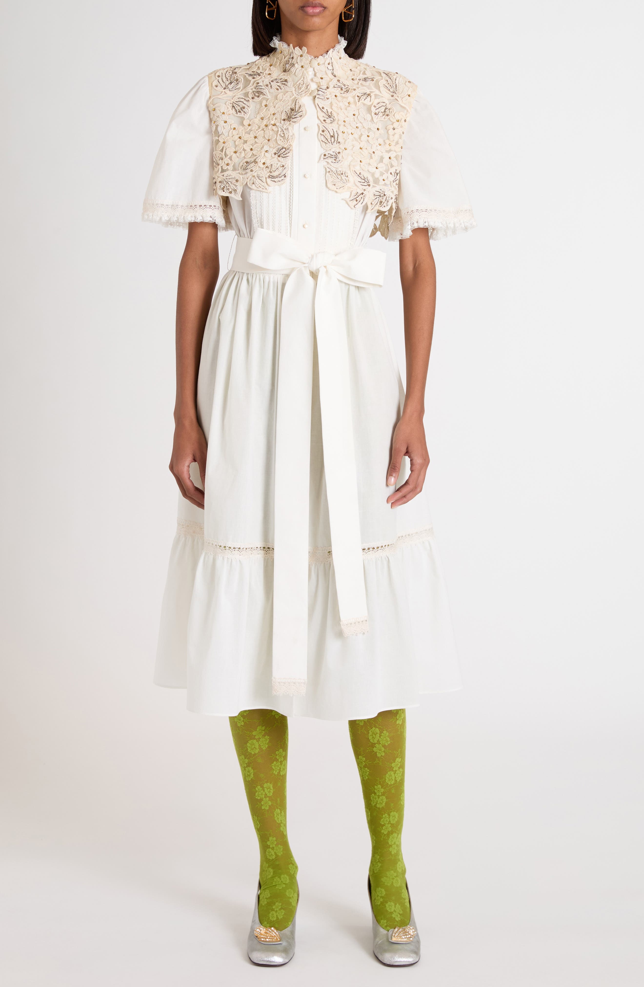 Valentino Garavani Lace Embellished Cotton Muslin Midi Dress in Ivory at Nordstrom - 1