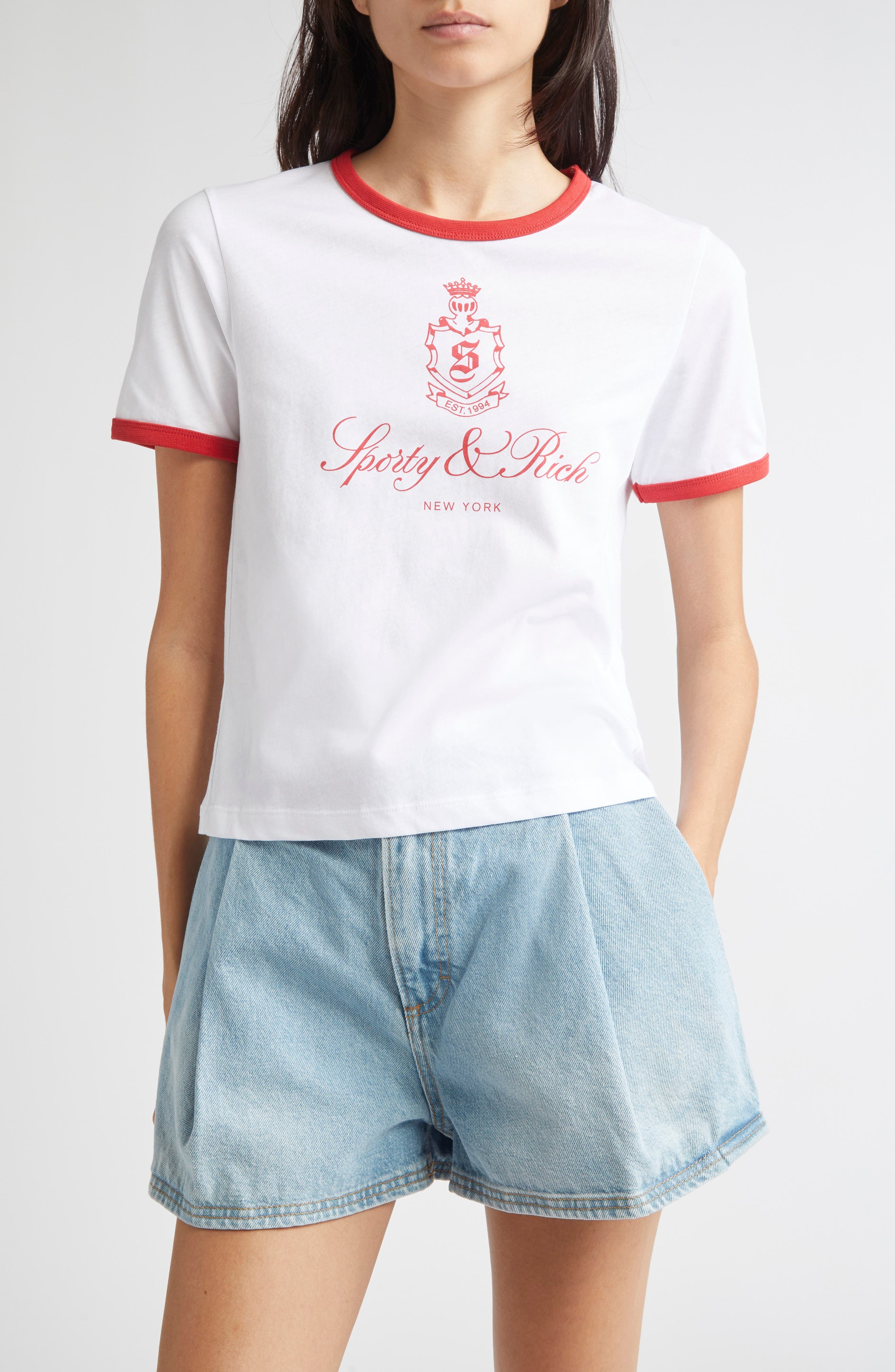 Sporty & Rich Vendome Graphic Ringer T-Shirt in White/Fire Red at Nordstrom - 1