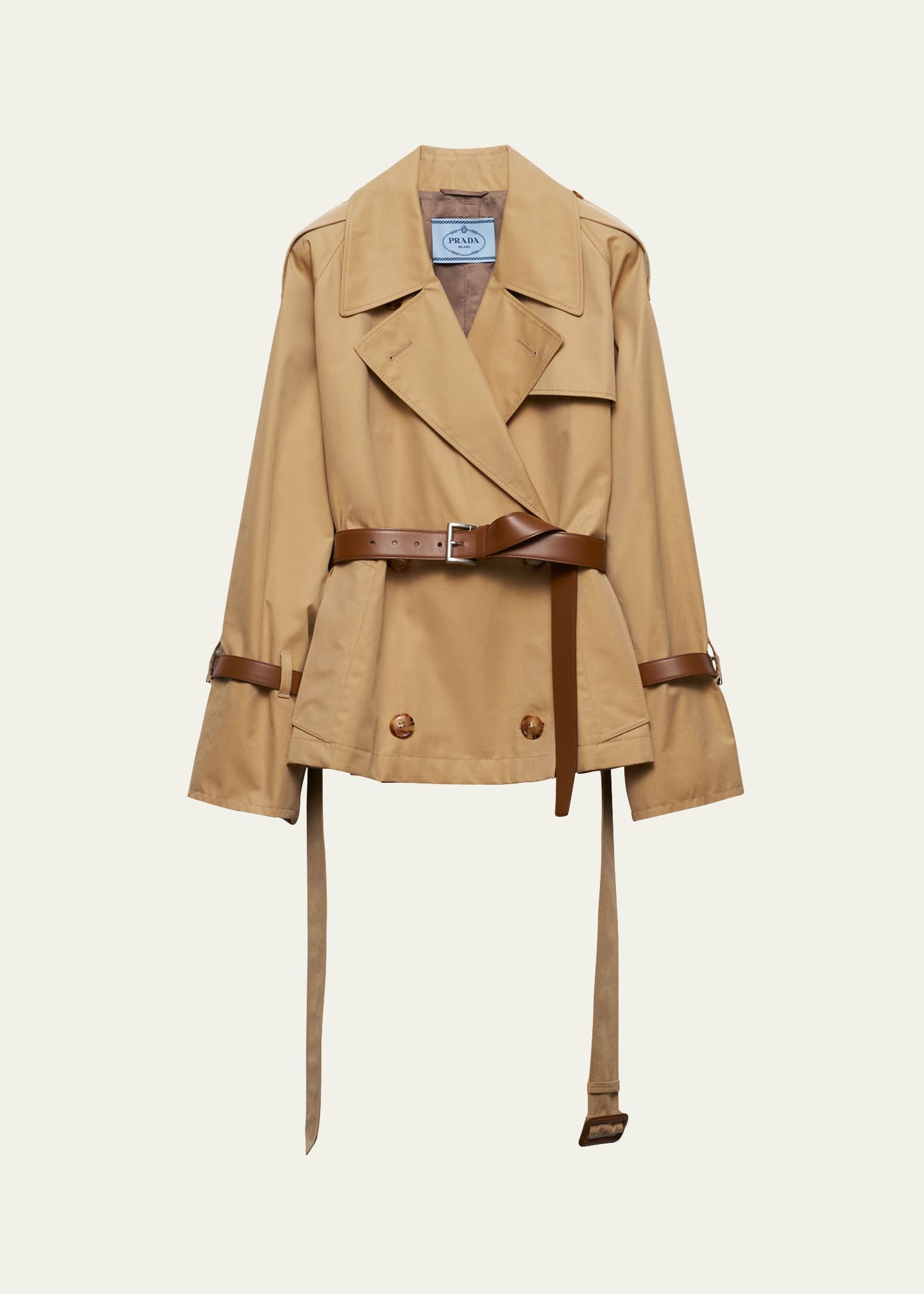 Short Leather Belted Twill Trench Jacket - 1