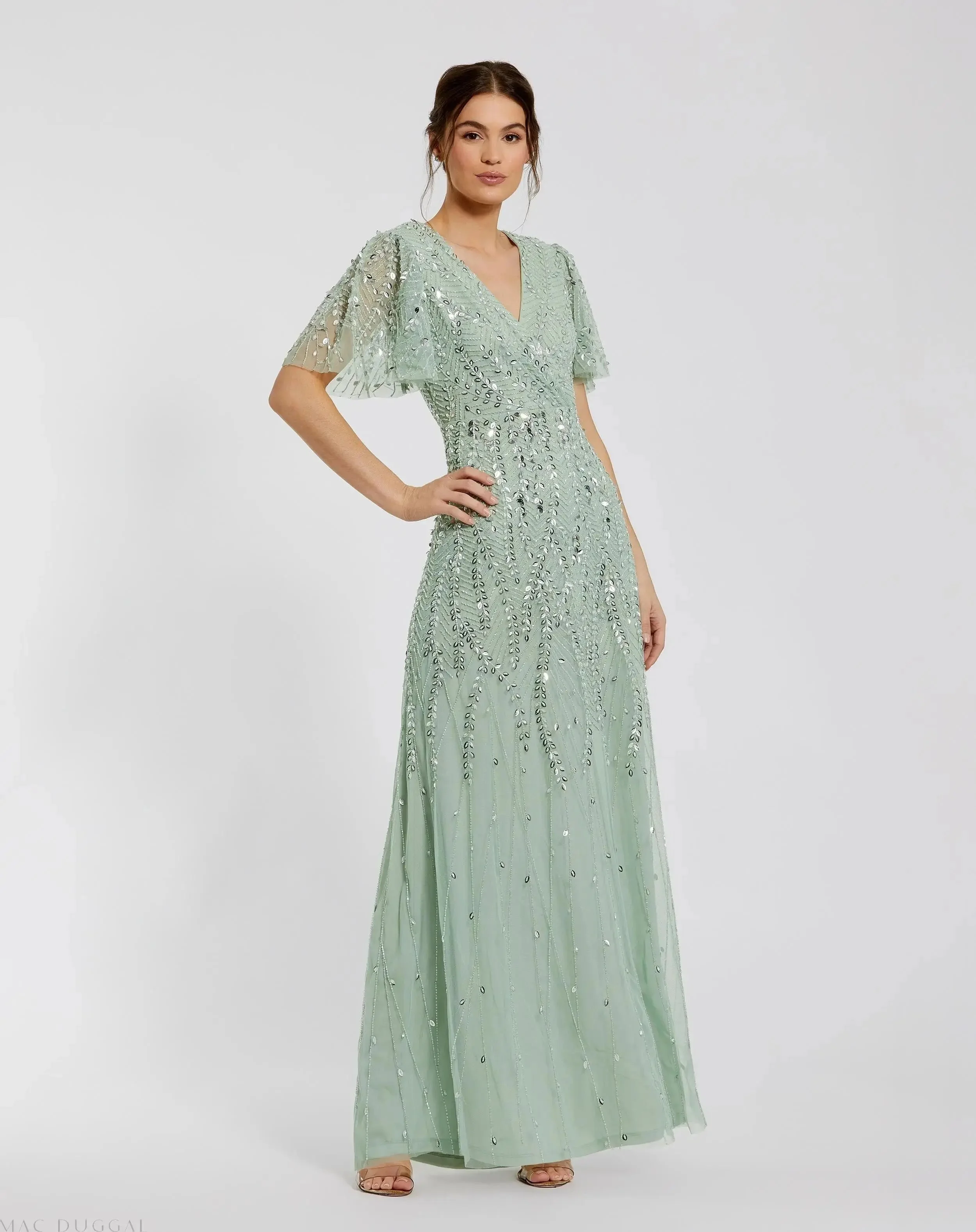 Green Beaded Wrap Over Butterfly Sleeve Column Gown - 1