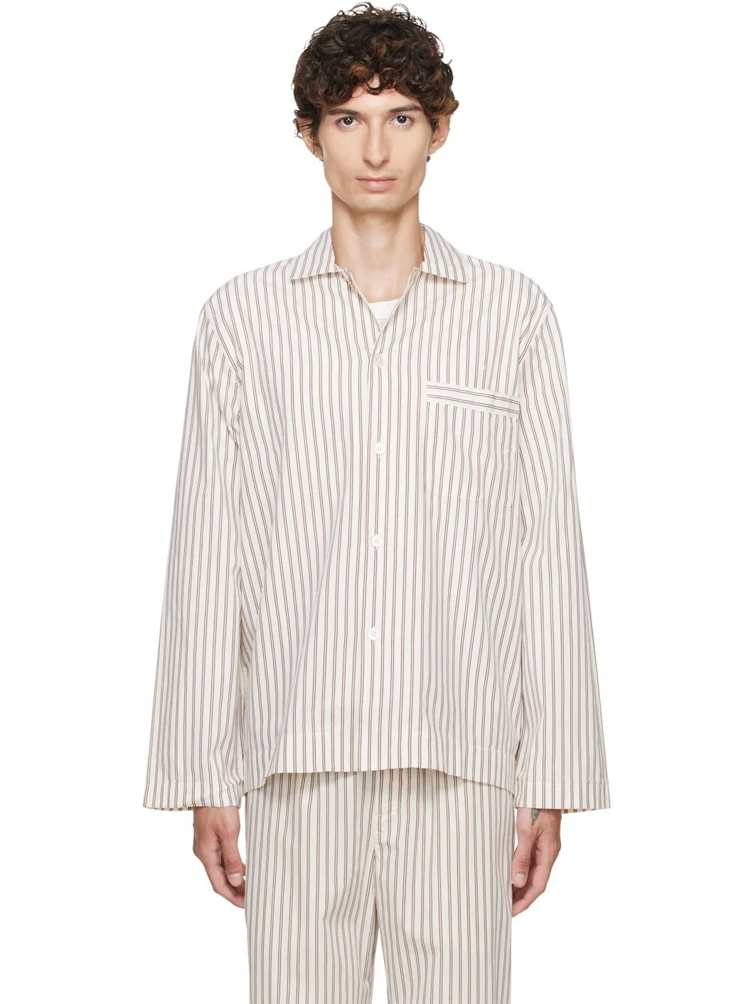 Off-White & Brown Poplin Long-Sleeved Pyjama Shirt - 1
