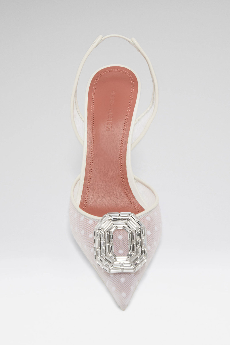 Amina Muaddi CAMELIA SLING 90 WHITE POLKA-DOT LACE outlook