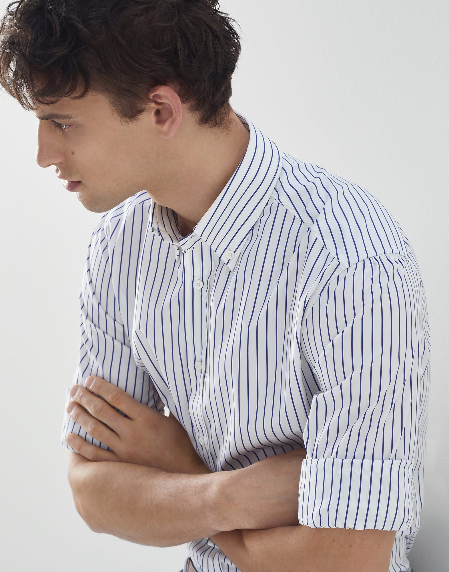 Striped poplin basic fit shirt with button-down collar - 3