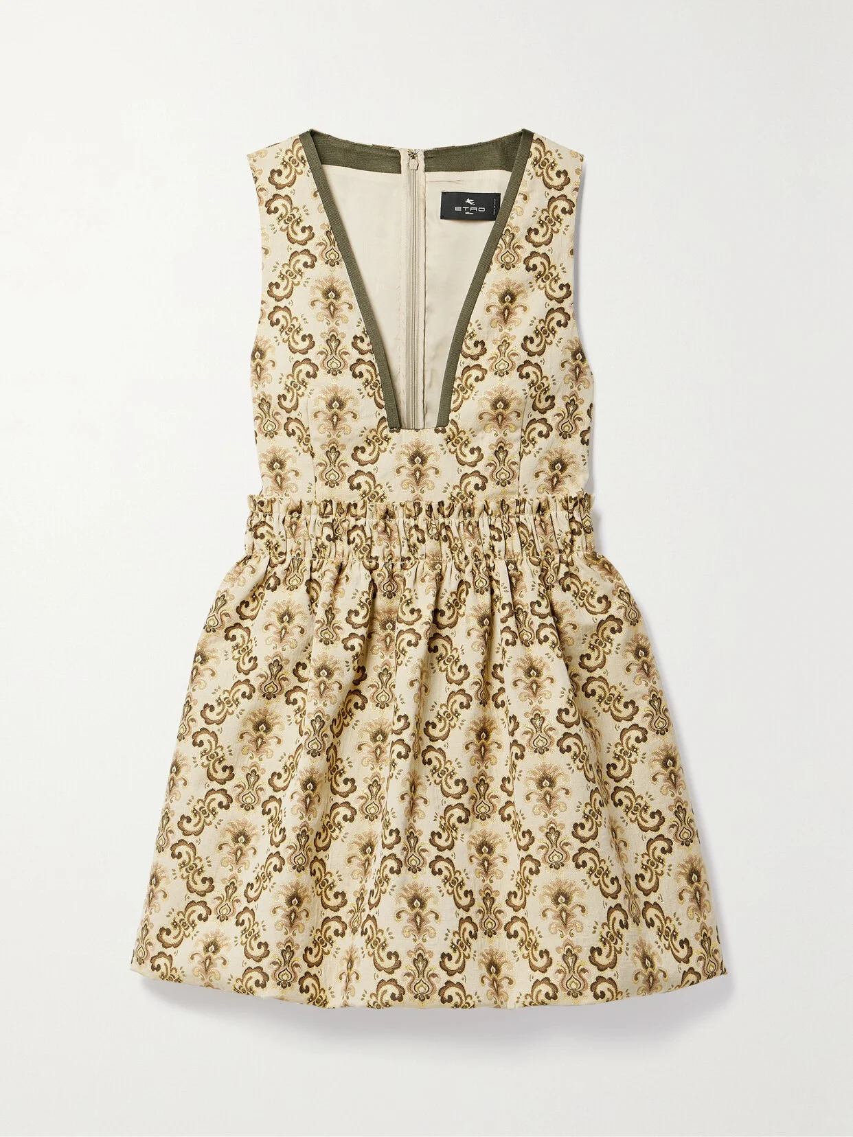 Grosgrain-trimmed Gathered Metallic Brocade Mini Dress - 1