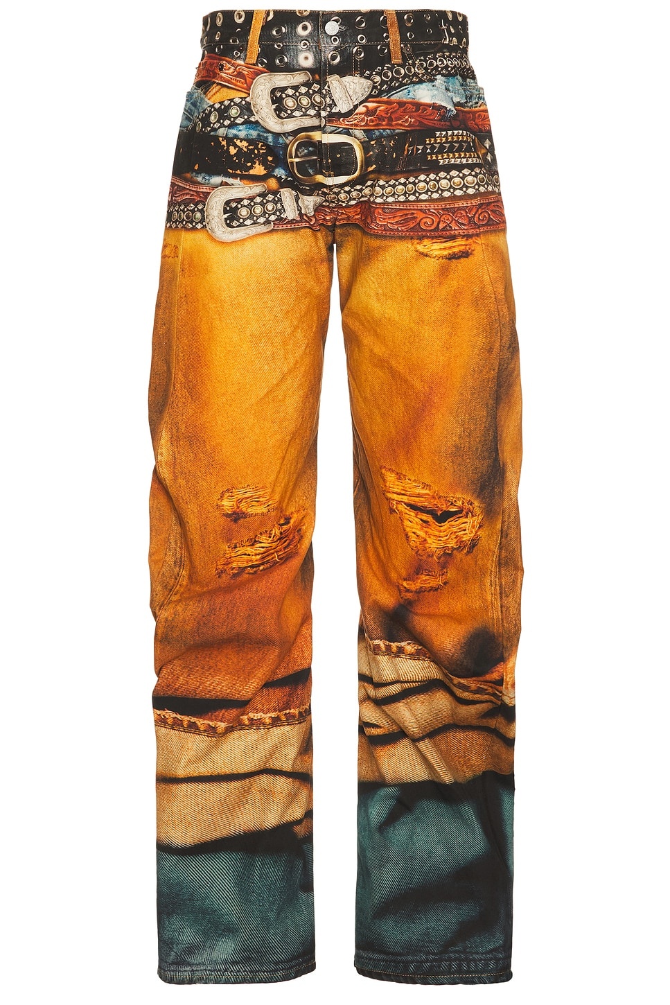 ◆HOODHOOD HD Multi Logo Applique Yellow Washed Denim Pant◆ HD Multi Logo Applique Yellow Washed Denim Pants - HOODHOOD