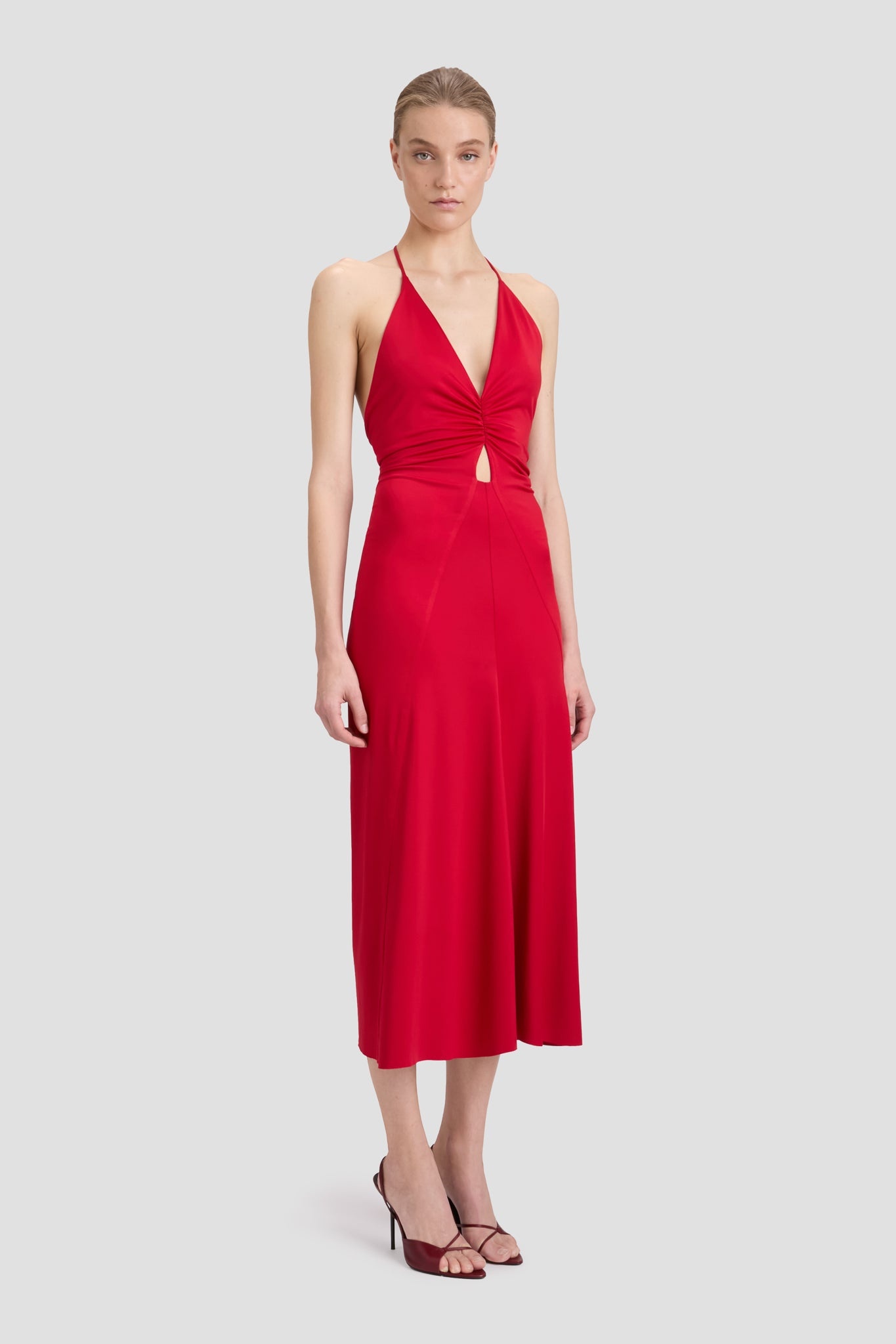 V-Neck Ruched Cami Midi Dress In Rose - 4