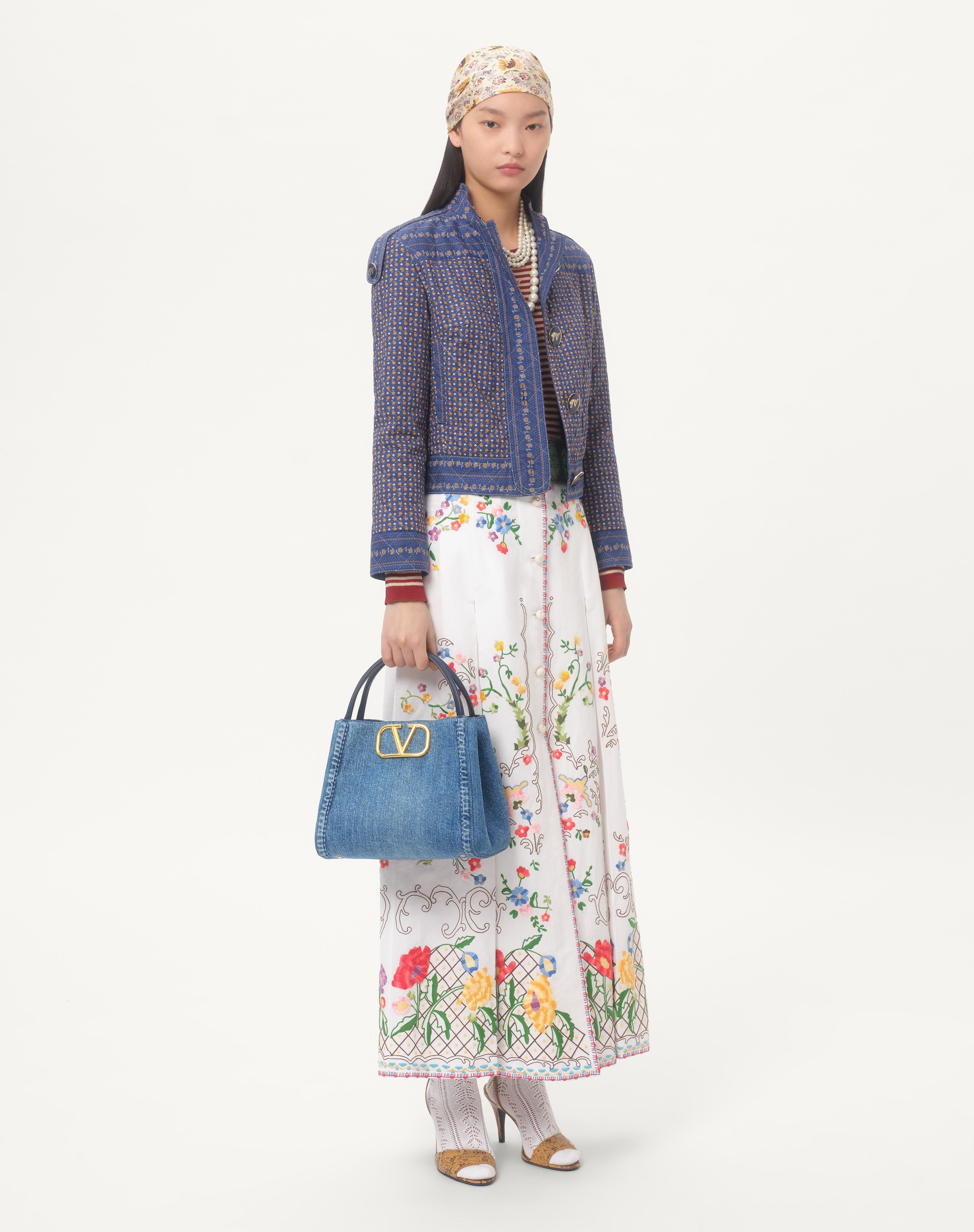 VALENTINO GARAVANI ALLTIME MEDIUM HANDBAG IN DENIM WITH EMBROIDERED STRAP - 2
